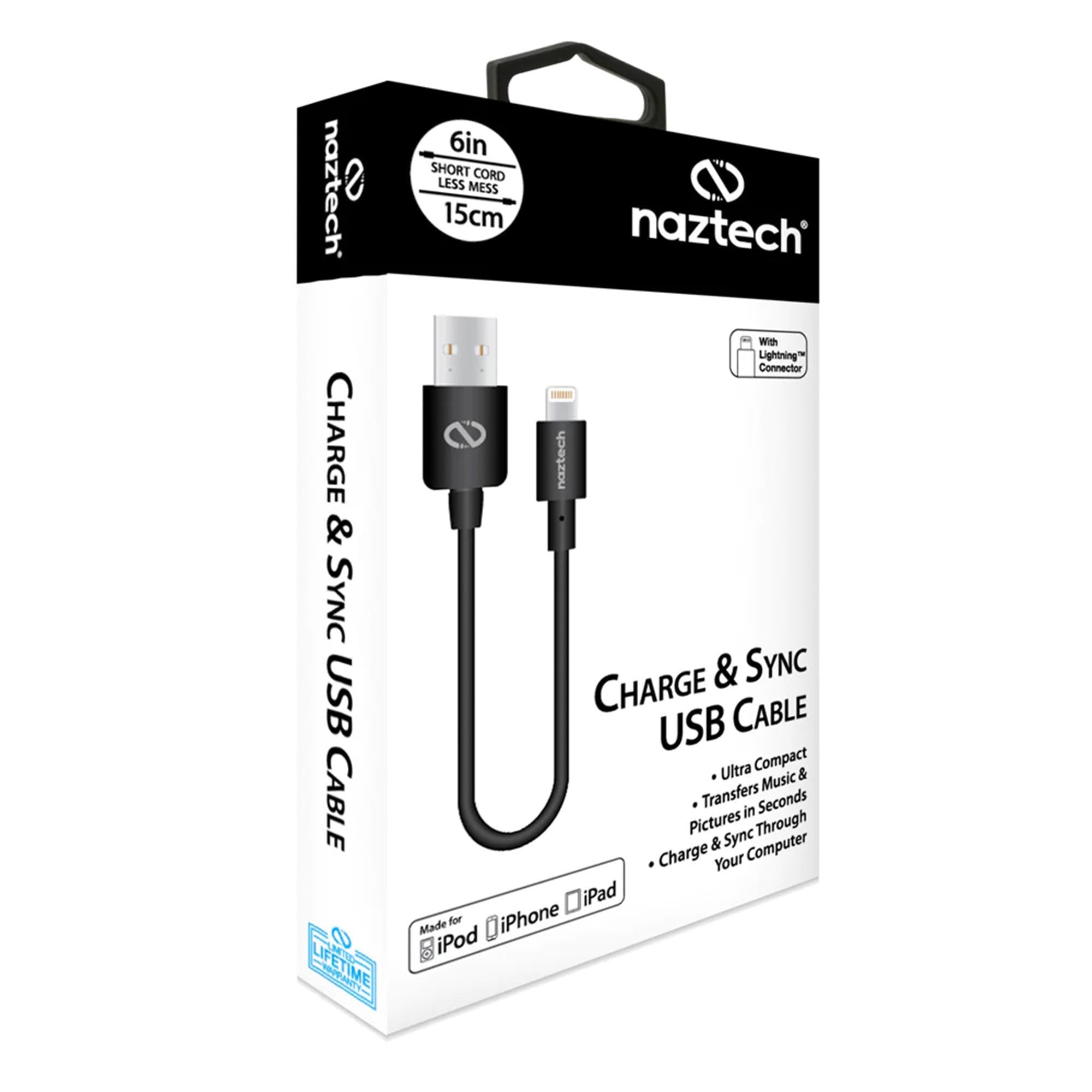 Naztech 6" USB-A to Lightning Charge and Sync Cable - Black - 15-12101