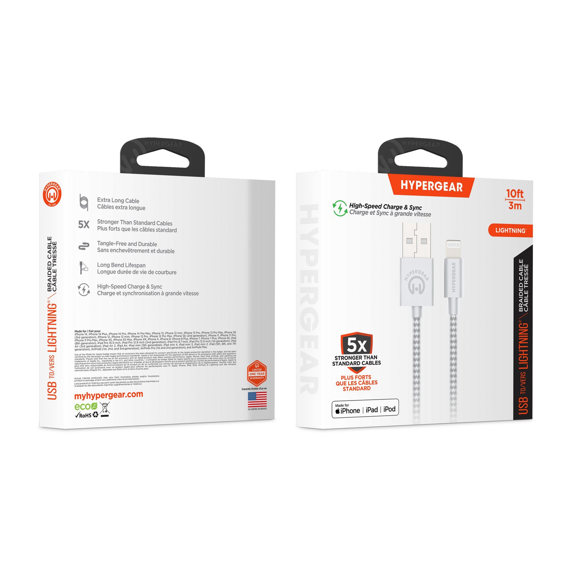 HyperGear 10 ft. (300cm) USB-A to Lightning Braided Charge and Sync Cable - White - 15-12113