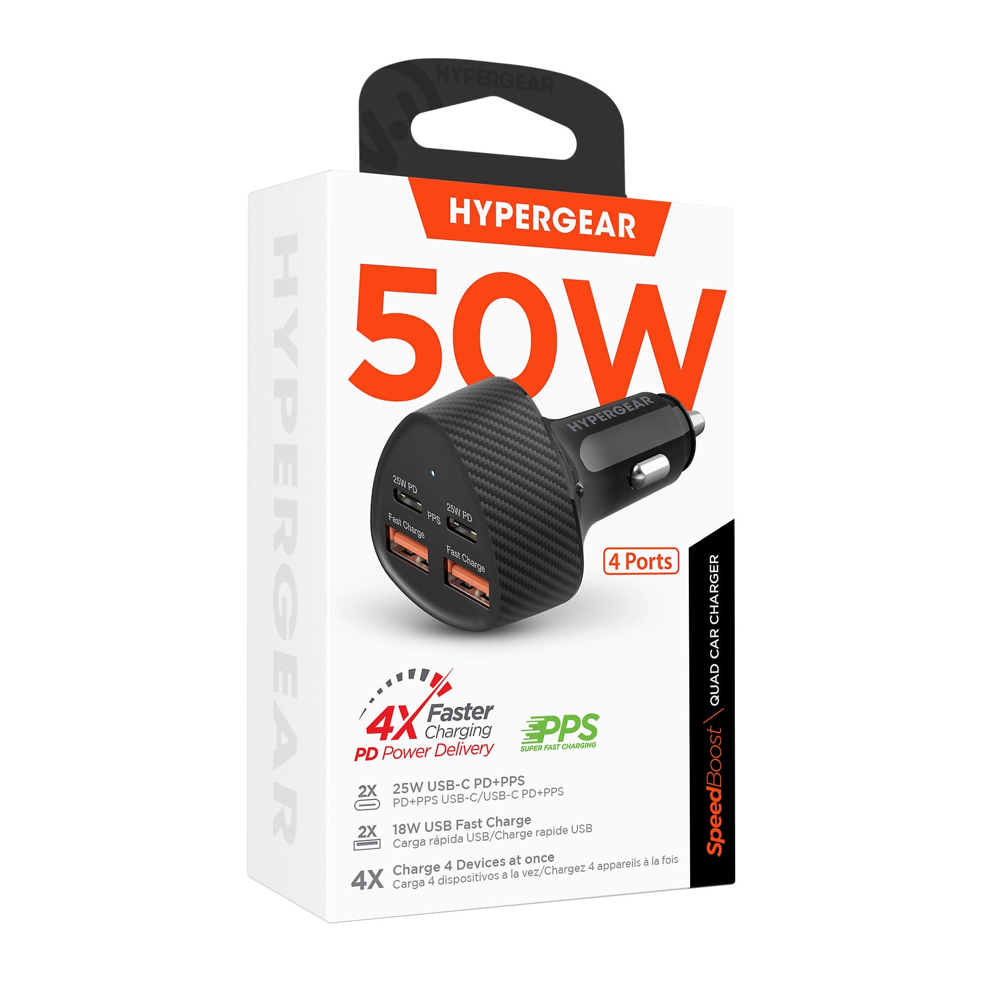 HyperGear SpeedBoost 50W Dual USB-C & Dual USB-A CLA Fast Charge Car Charger - Black - 15-12212