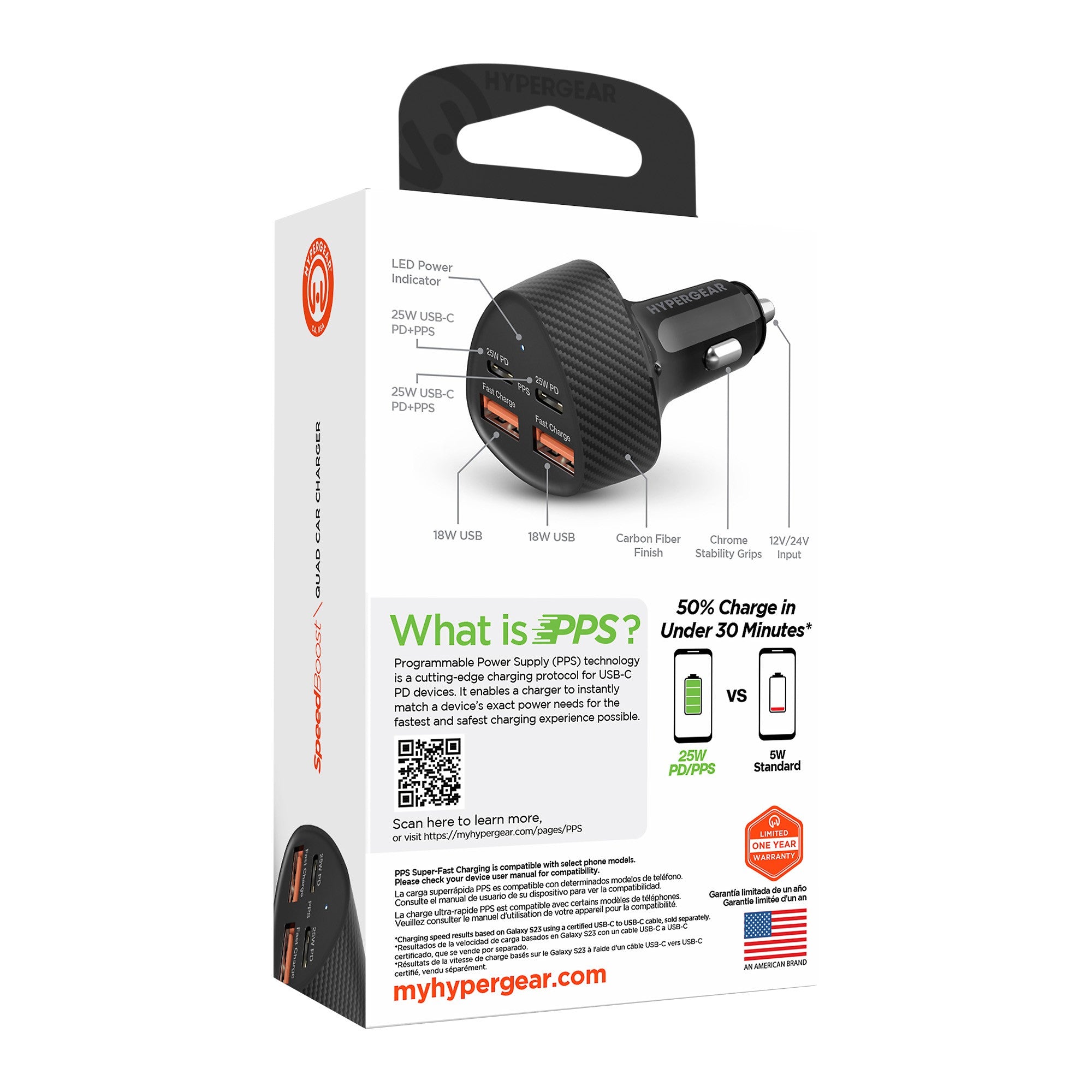 HyperGear SpeedBoost 50W Dual USB-C & Dual USB-A CLA Fast Charge Car Charger - Black - 15-12212
