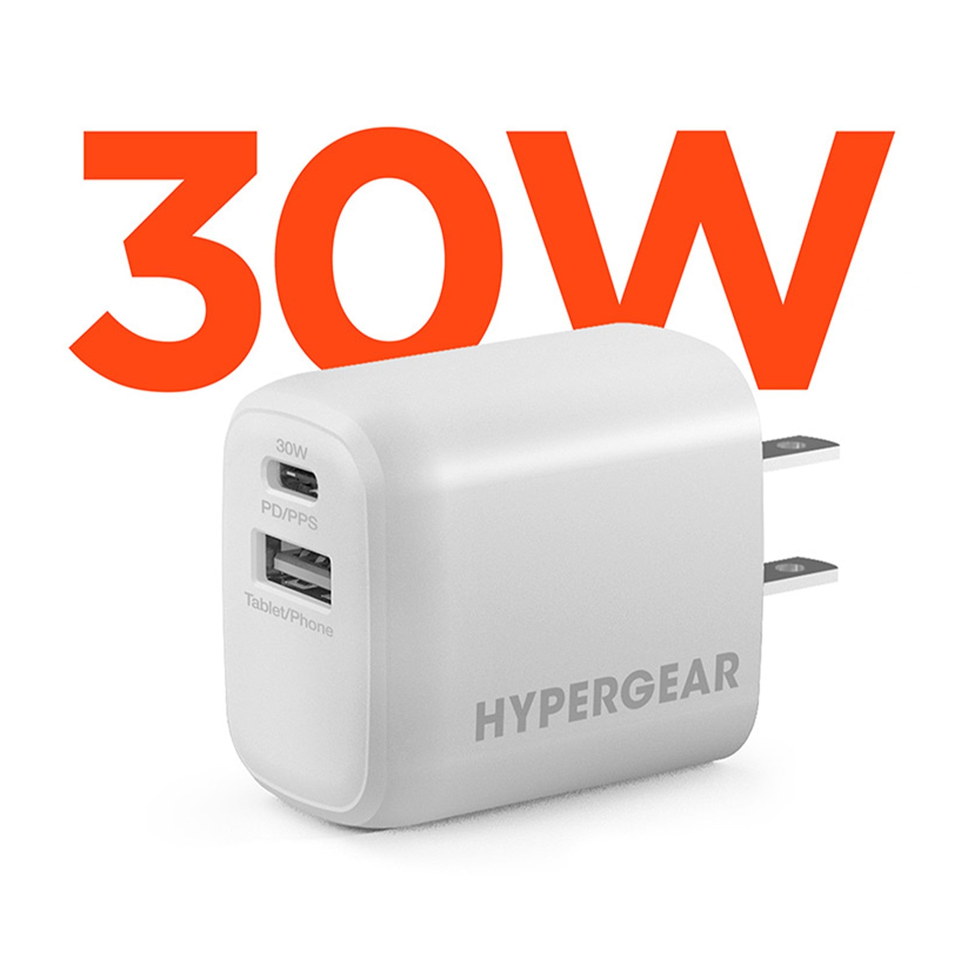 HyperGear 30W Dual Port USB-C PD 30W Max + USB-A 18W Max Wall Charger Hub - White - 15-12233