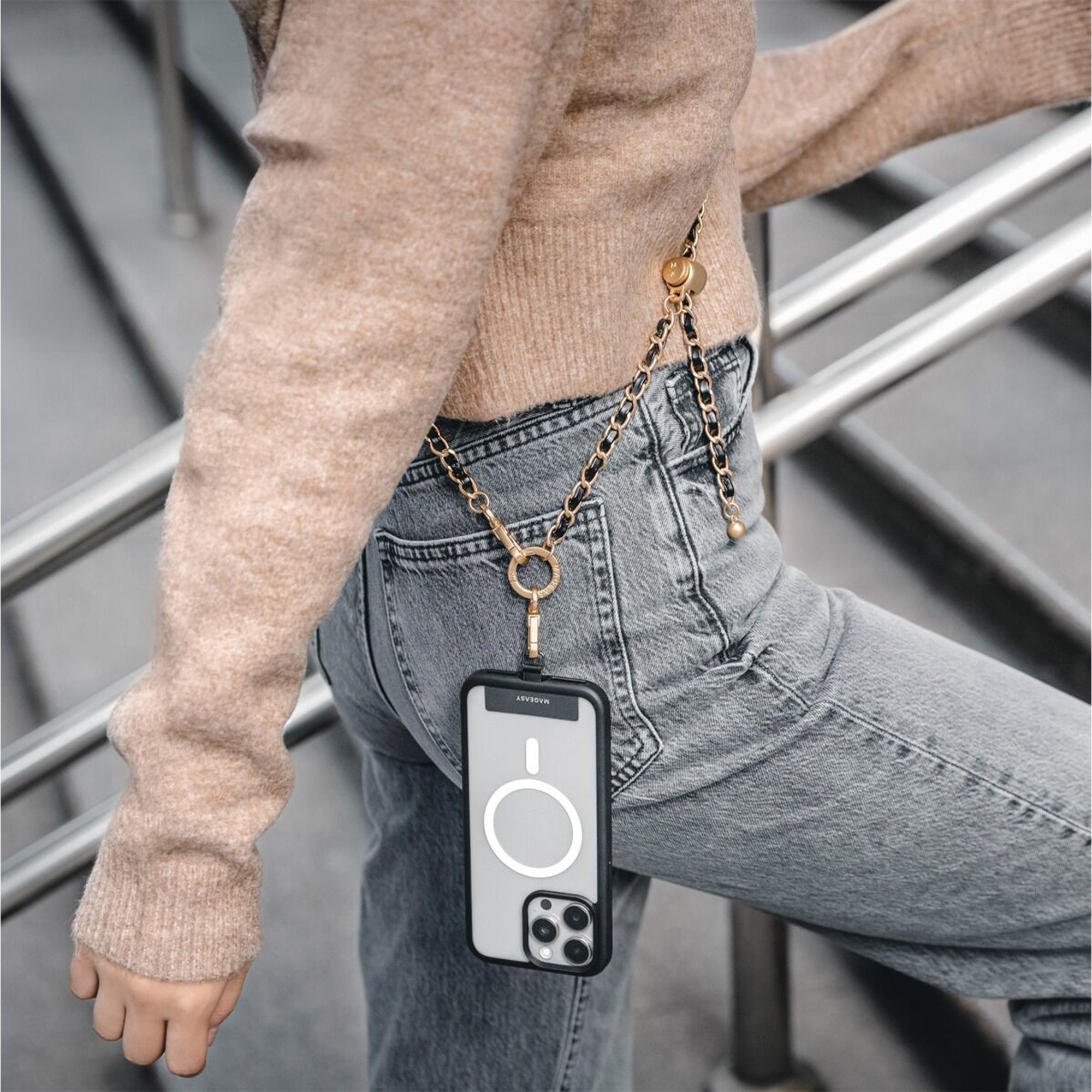 Universal MAGEASY Leather Chain Classic Strap + Card - Black/Gold - 15-12764