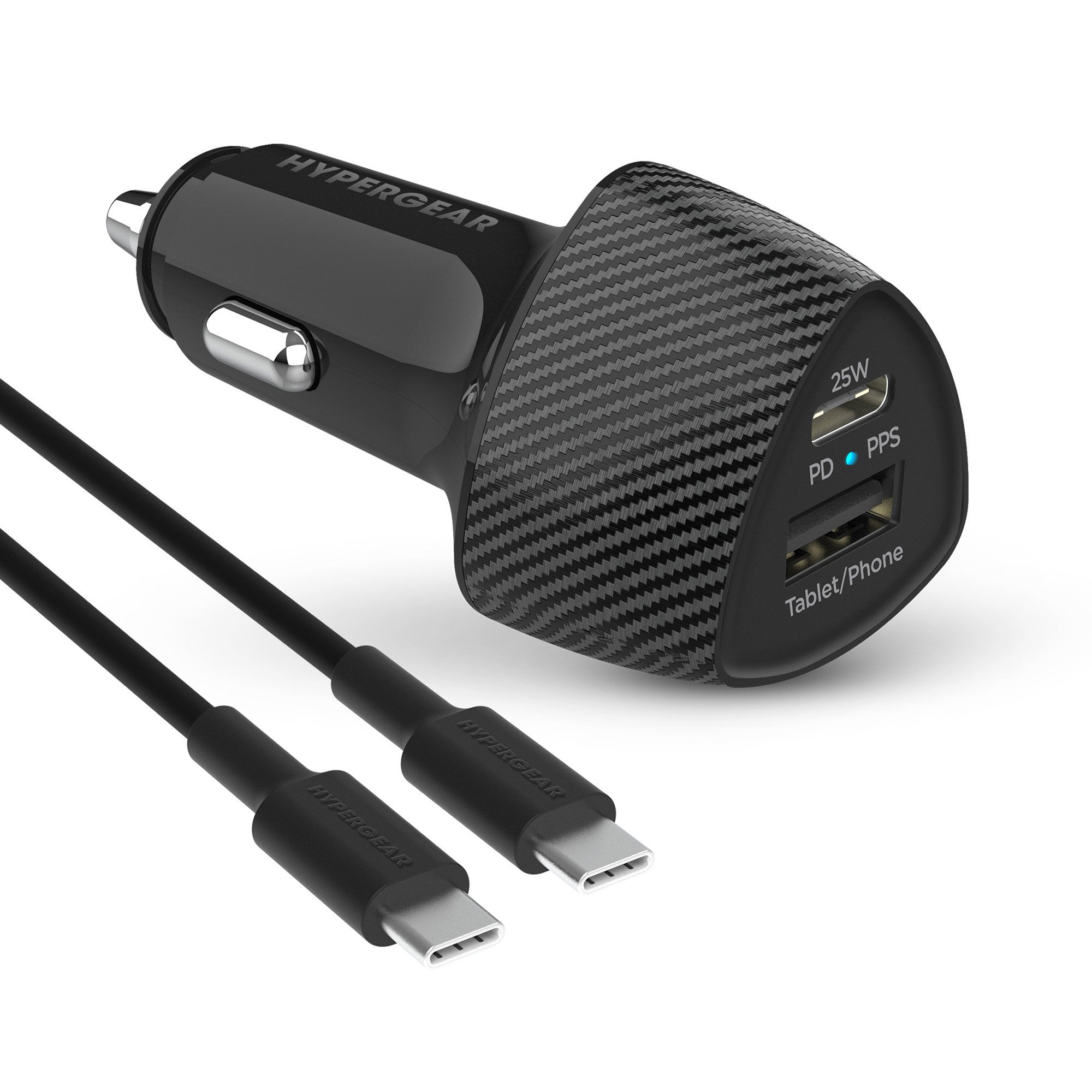 HyperGear SpeedBoost 25W USB-C PD + 12W USB Fast CLA Car Charger w/ PPS 4ft USB-C Cable - Black - 15-12779