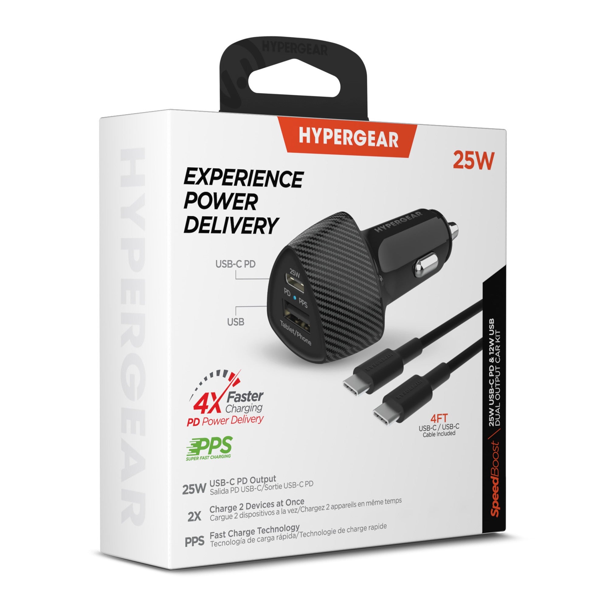 HyperGear SpeedBoost 25W USB-C PD + 12W USB Fast CLA Car Charger w/ PPS 4ft USB-C Cable - Black - 15-12779