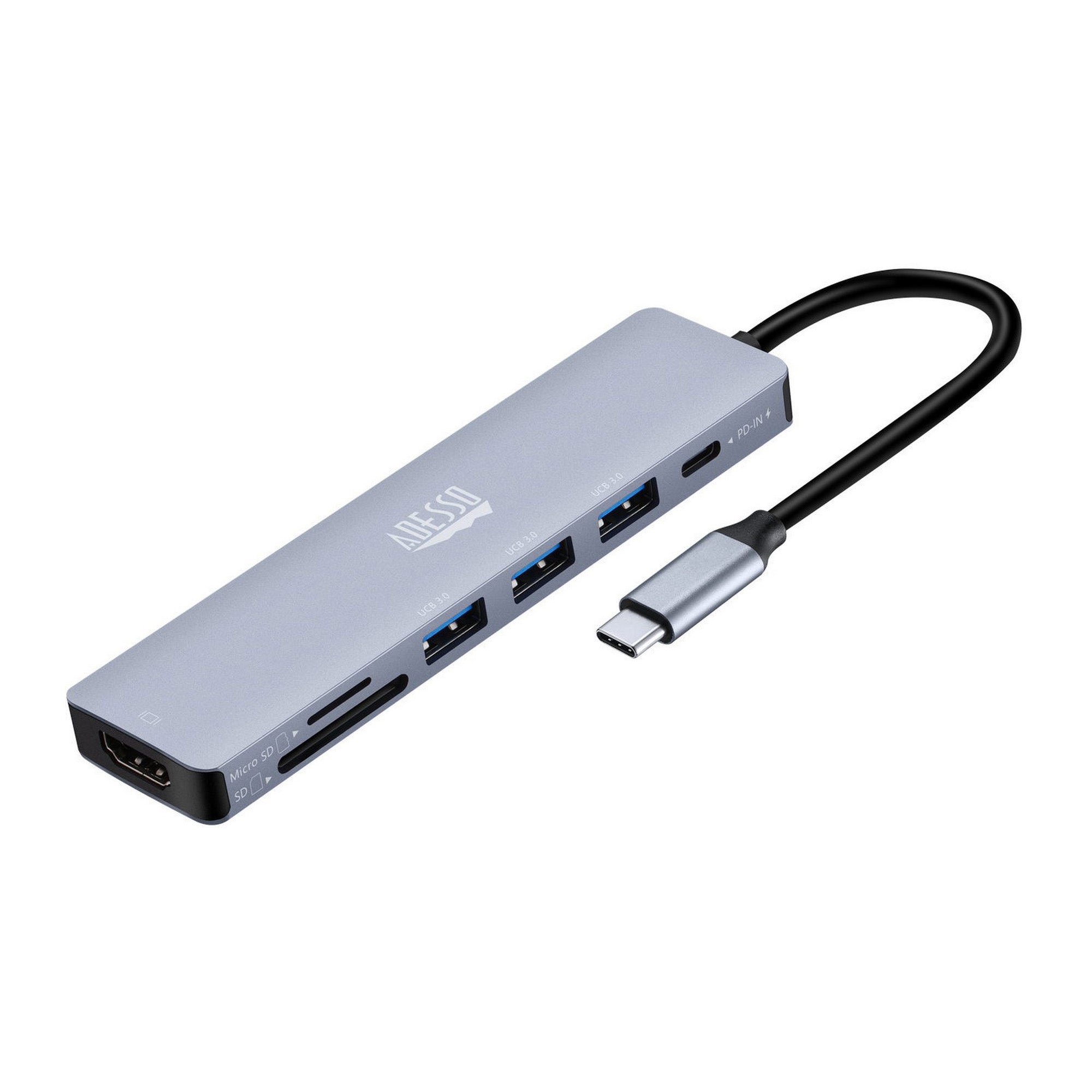 Adesso 7 in 1 Docking Station, USB-C to HDMI, PD, 3 USB-A, Micro SD-SD Card reader - 15-12857