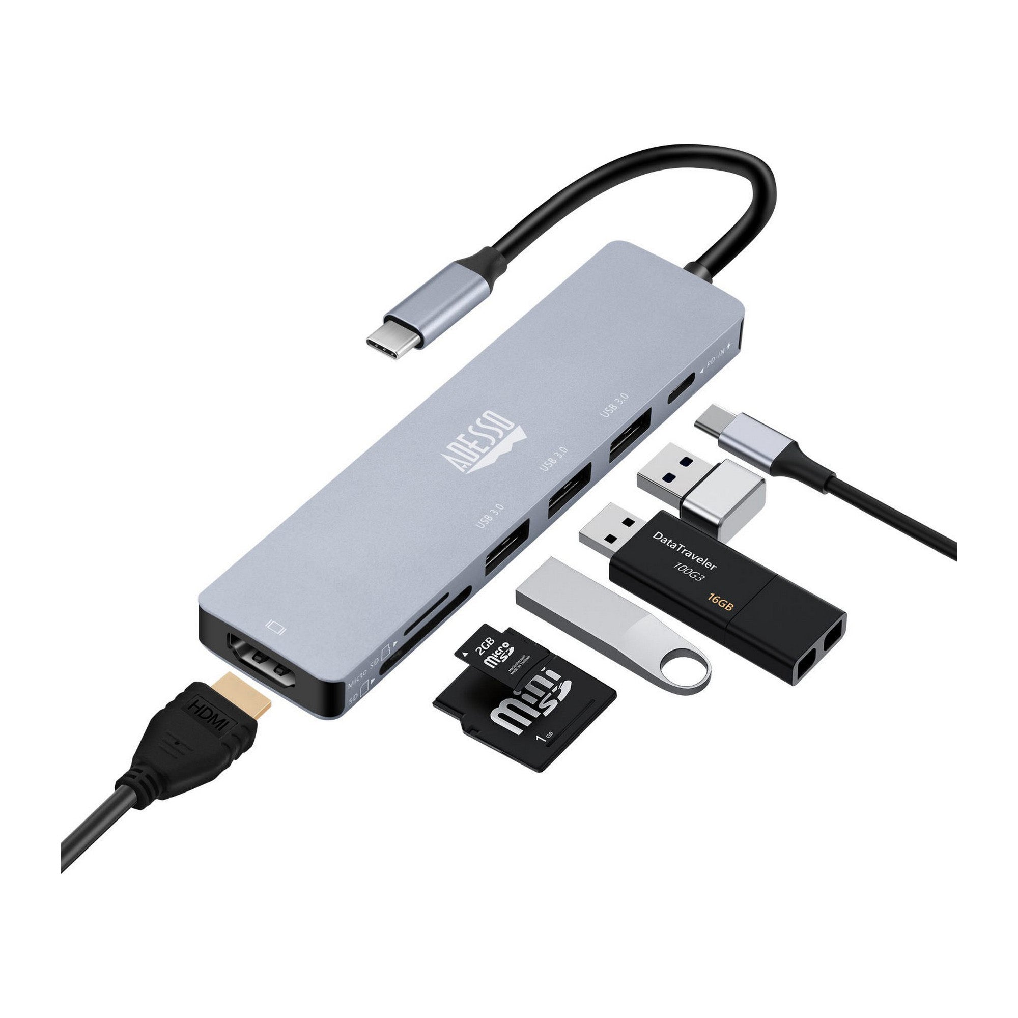 Adesso 7 in 1 Docking Station, USB-C to HDMI, PD, 3 USB-A, Micro SD-SD Card reader - 15-12857