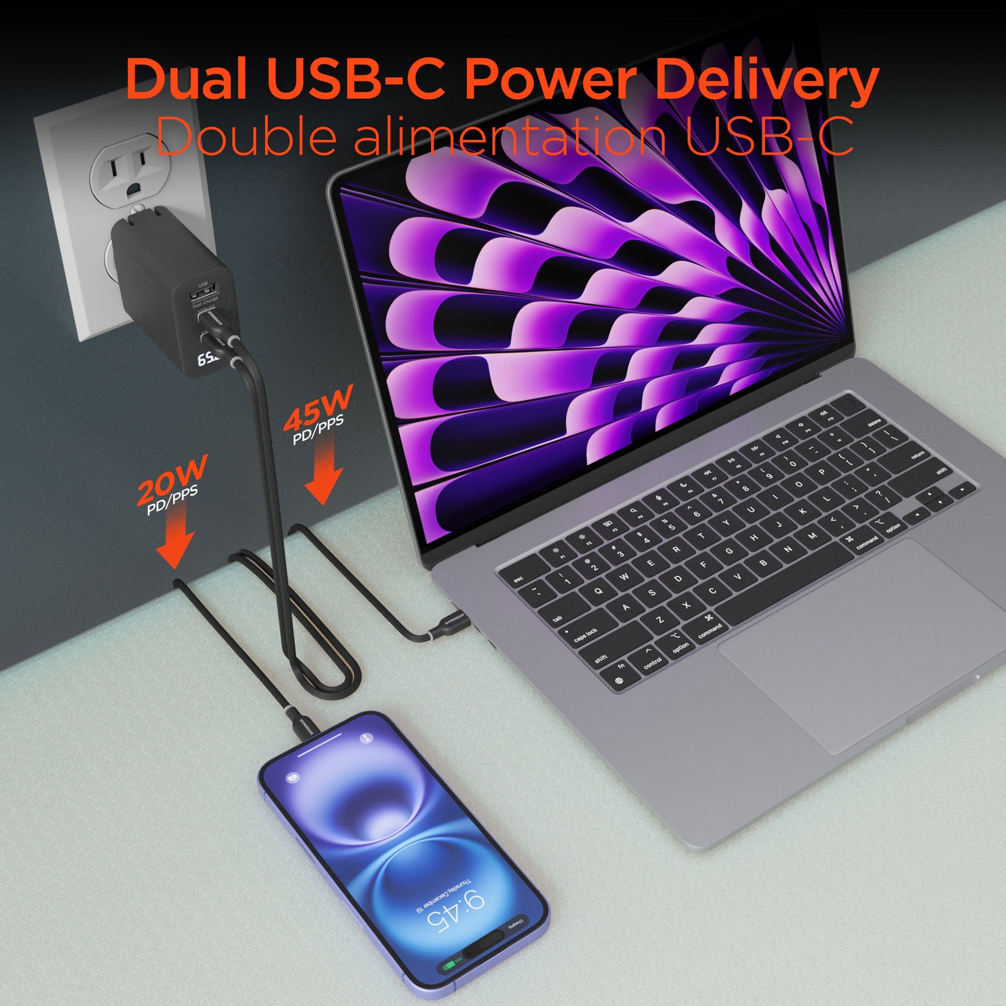 HyperGear 65W Tri Port Dual USB-C + Single USB-A Wall Charger Travel Hub w/ LCD Screen - Black - 15-14024