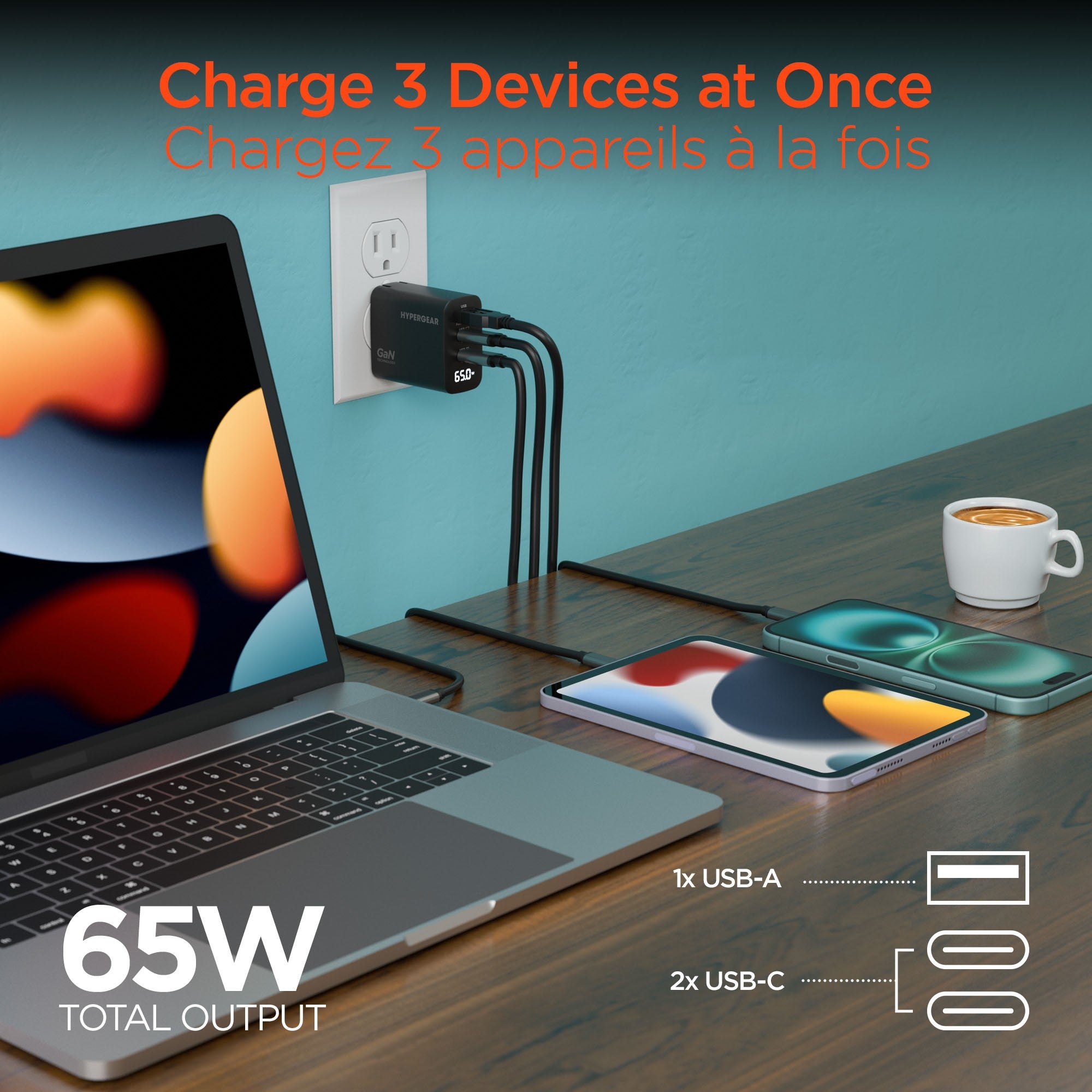 HyperGear 65W Tri Port Dual USB-C + Single USB-A Wall Charger Travel Hub w/ LCD Screen - Black - 15-14024