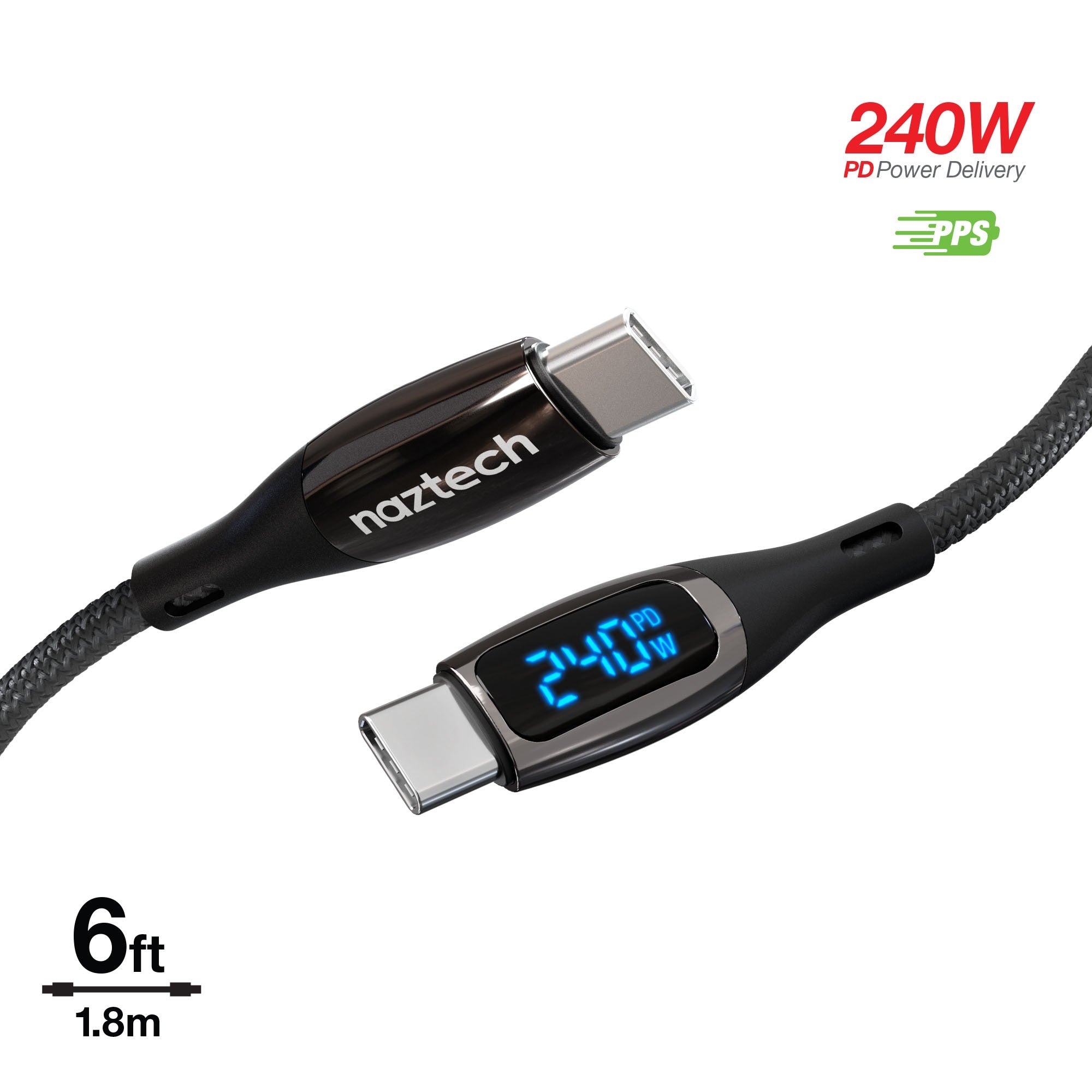 Naztech 6 ft DigiWATT 240W USB-C to USB-C Digital Fast Charge Cable with LED Power Display - 15-14056