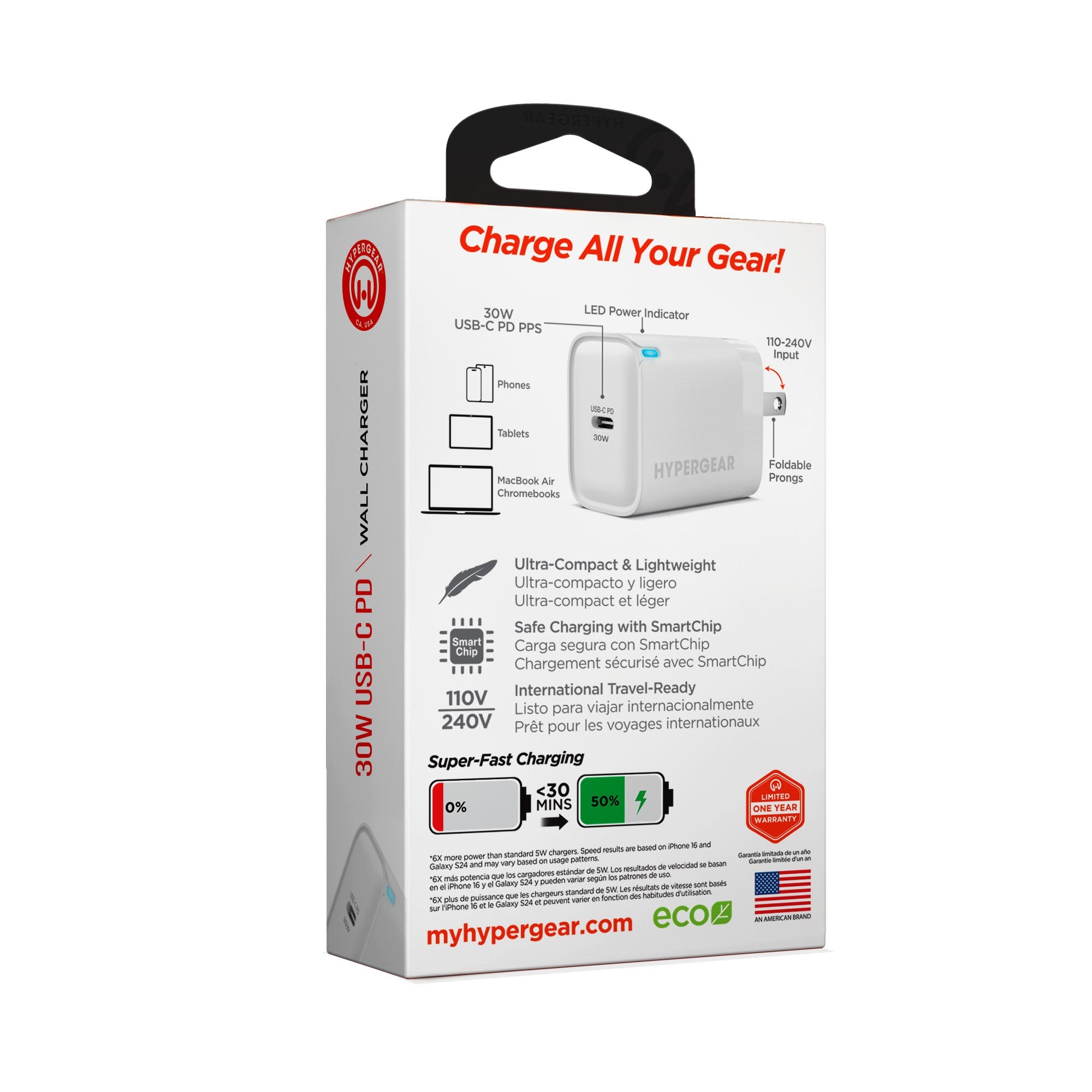 Hypergear 30W USB-C PD Wall Charger Hub w/LED - White - 15-14071