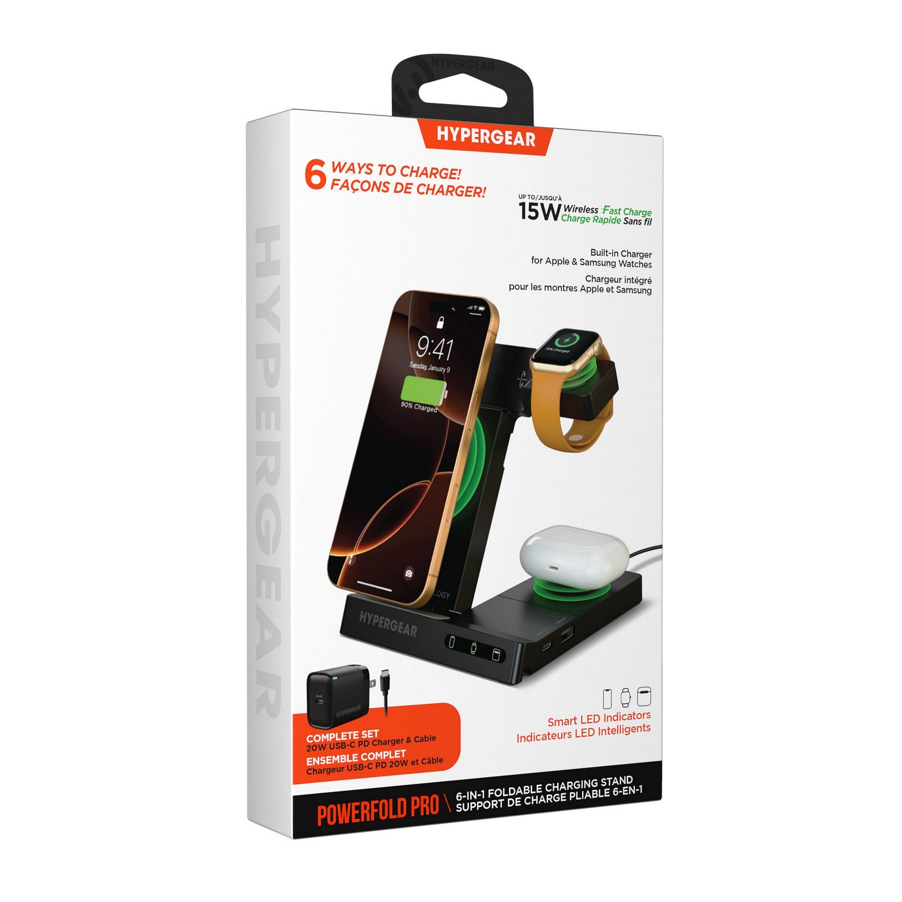 HyperGear 6-in-1 Foldable Wireless Charging Stand Compatible with Samsung & Apple Watch - 15-14278