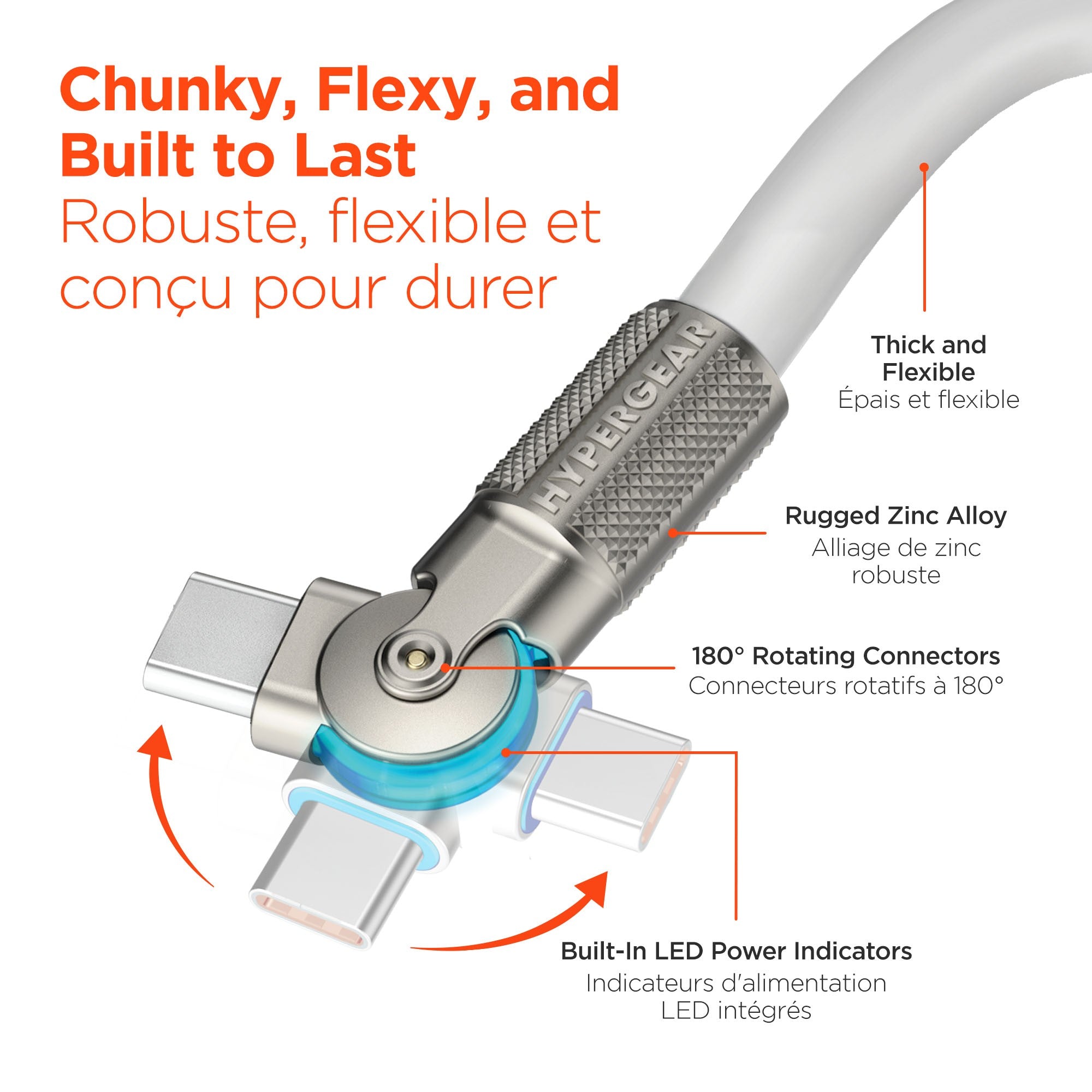 HyperGear 6 ft. 180cm USB-C to USB-C Chunky 180 Rugged Cable w/Rotating Connectors - White - 15-14296