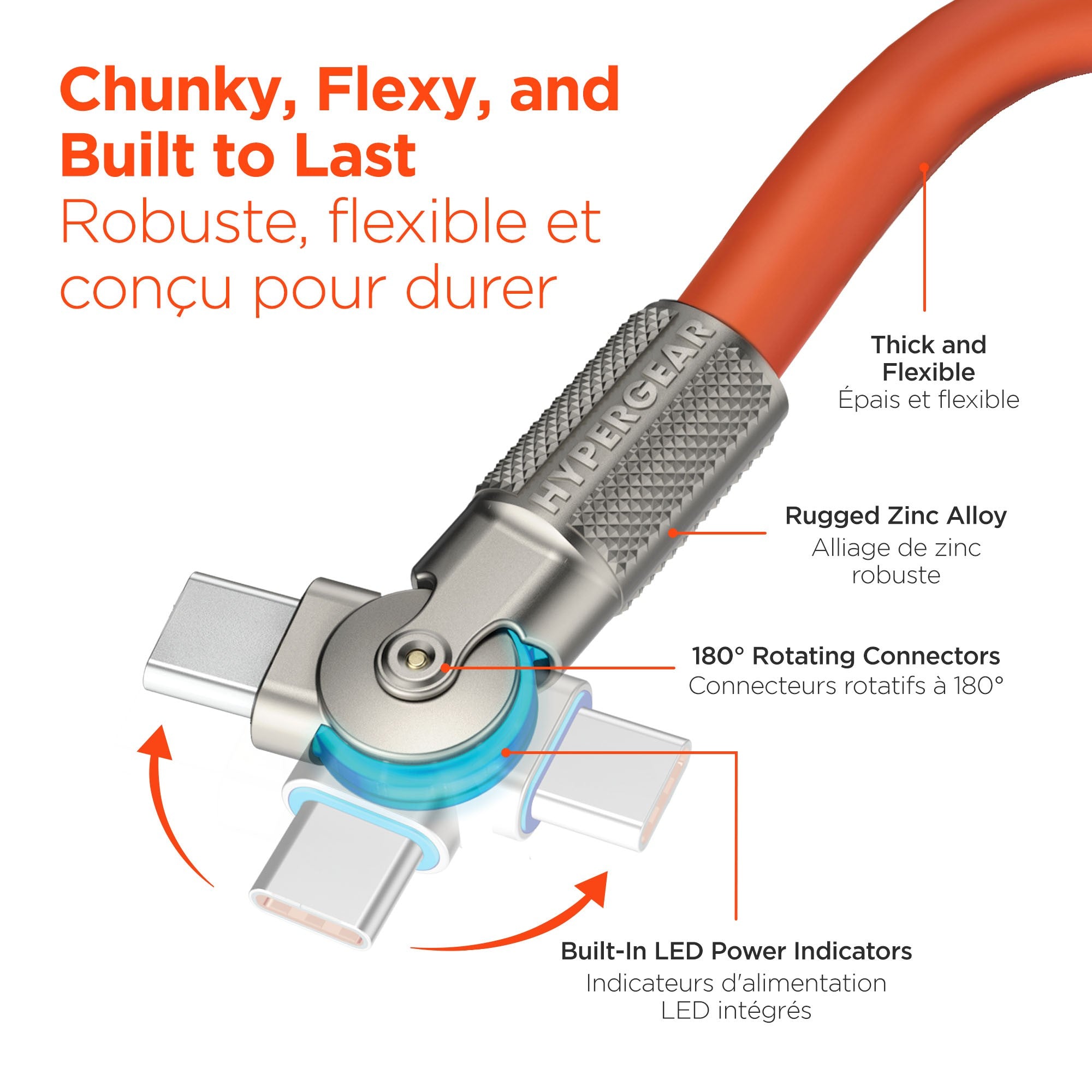 HyperGear 6 ft. 180cm USB-C to USB-C Chunky 180 Rugged Cable w/Rotating Connectors - Orange - 15-14297