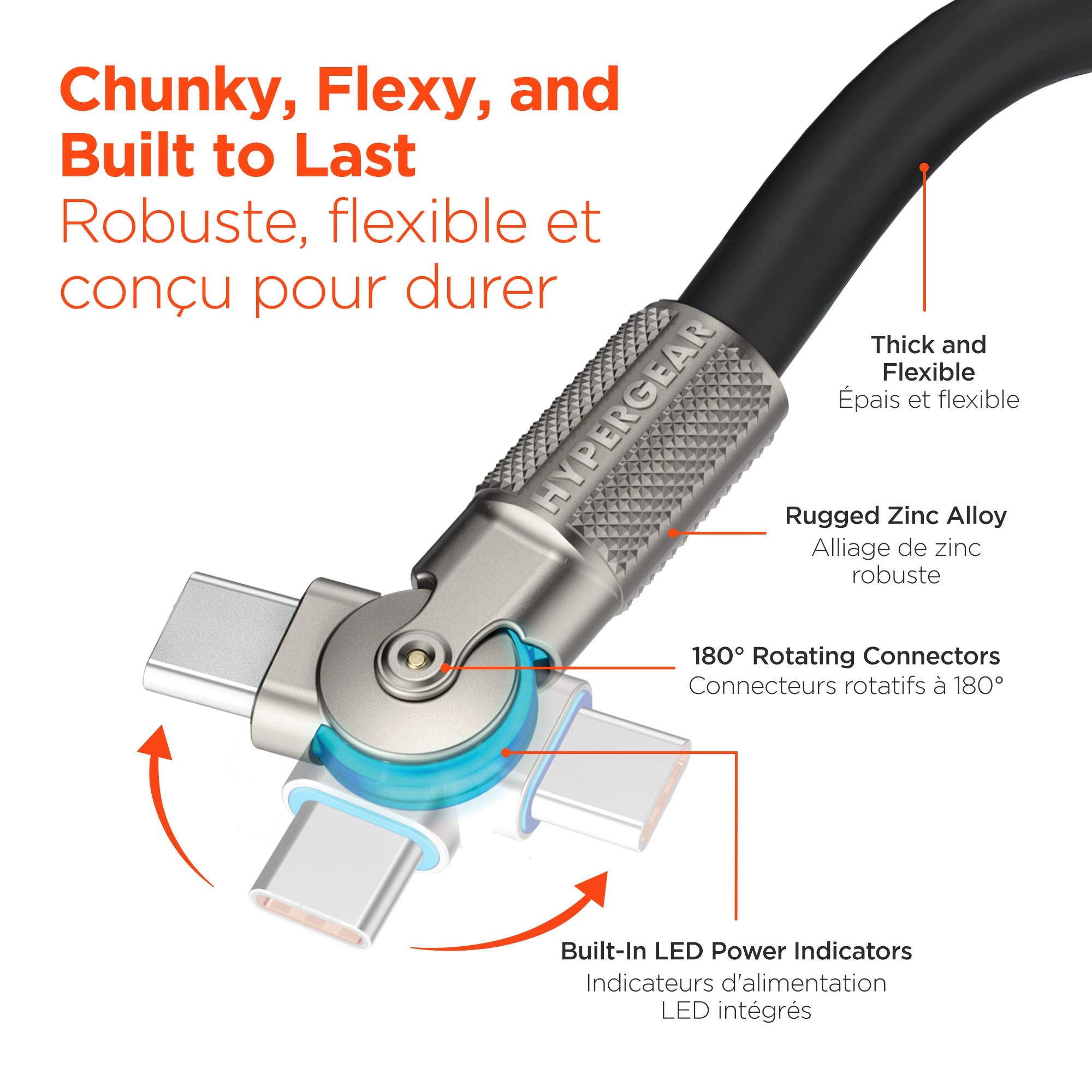 HyperGear 12 ft. 360cm USB-C to USB-C Chunky 180 Rugged Cable w/Rotating Connectors - Black - 15-14298