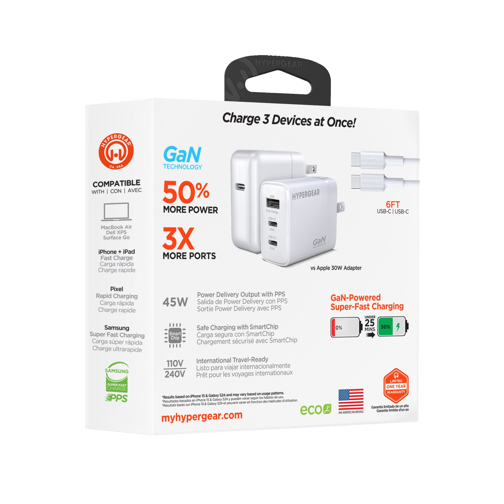 HyperGear 45W Tri-Port Dual USB-C + Single USB-A Wall Charger w/6 ft USB-C to USB-C Cable - White - 15-14303