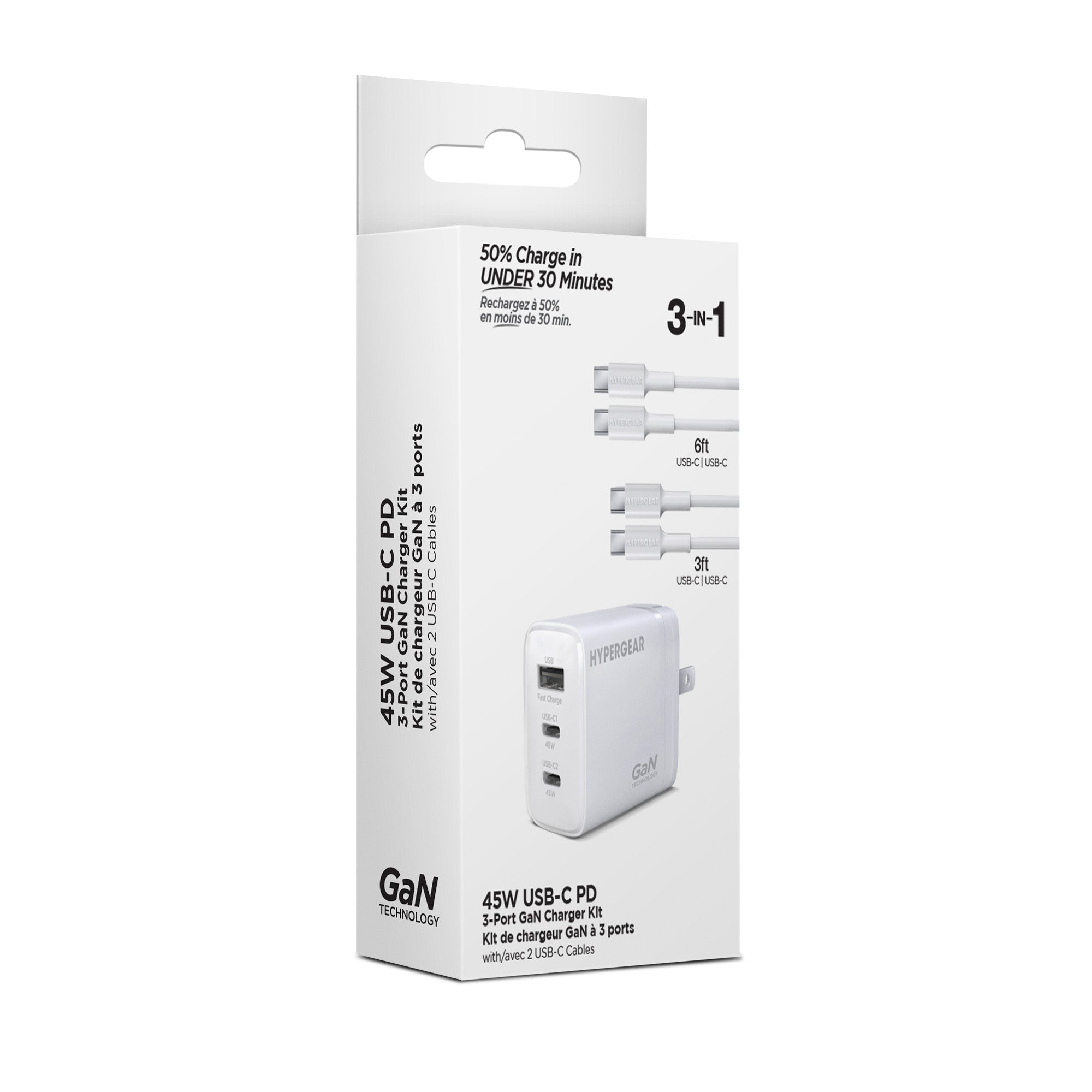 HyperGear 45W Tri-Port Dual USB-C + Single USB-A Wall Charger w/6ft+3ft USB-C to USB-C Cable - White - 15-14304