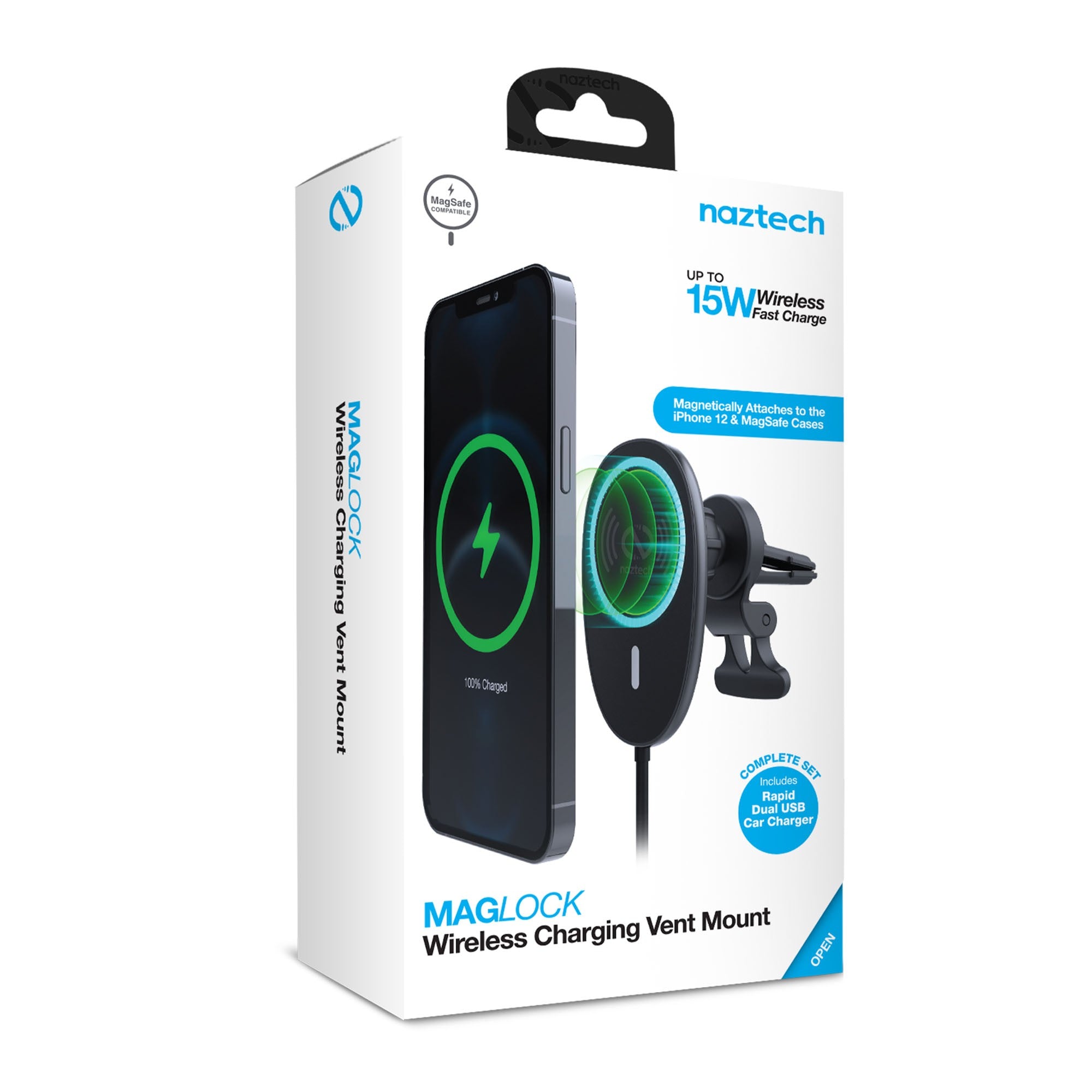 Naztech MagLock Fast Charging Vent Mount w/ Dual Port CLA Car Charger - 15-14425