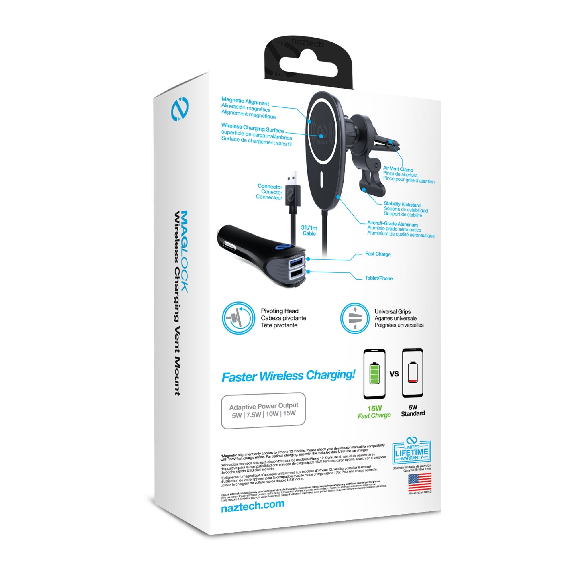 Naztech MagLock Fast Charging Vent Mount w/ Dual Port CLA Car Charger - 15-14425