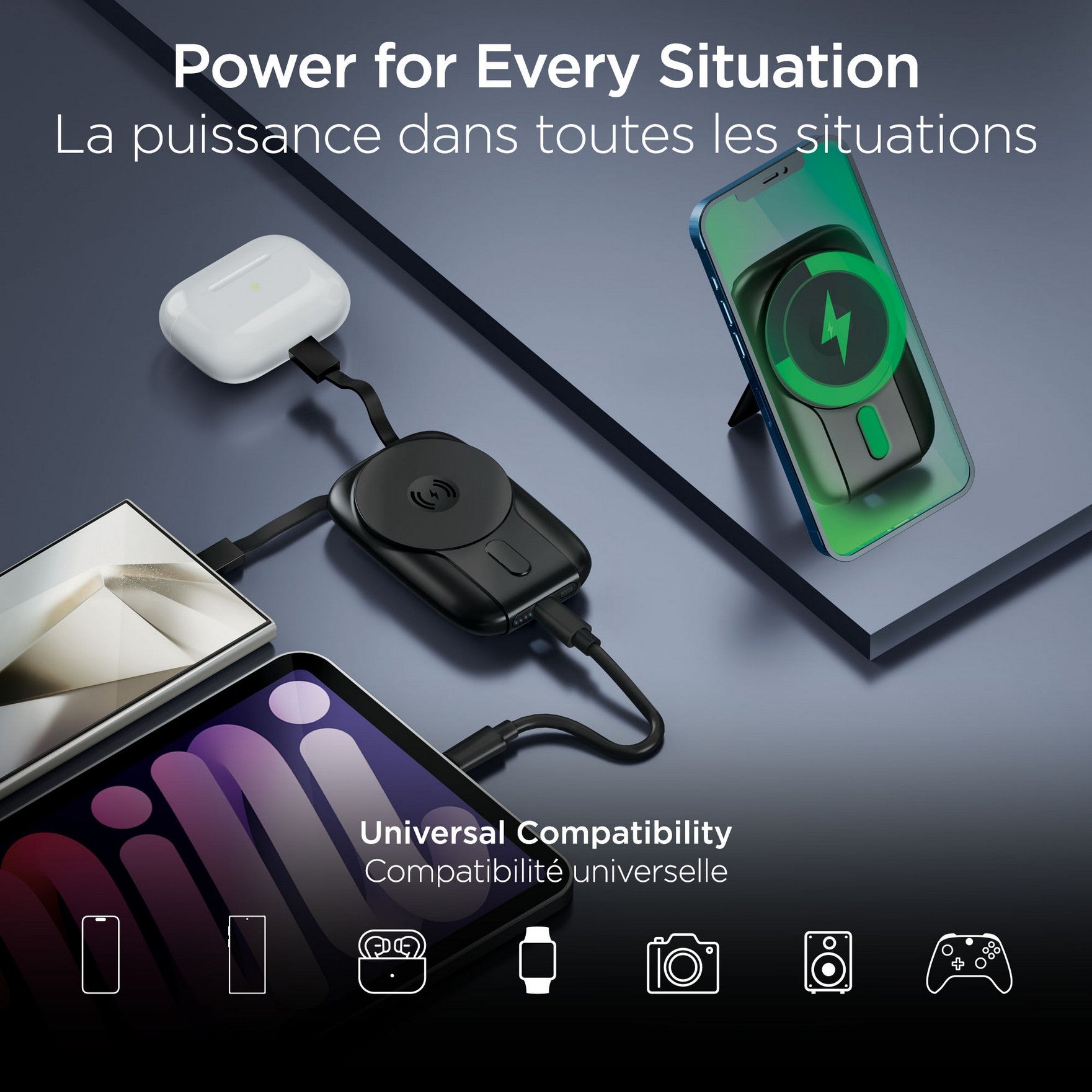 Hypergear 5000mAh Mag Grip Go Wireless Charging Portable Power Bank w/built in cable - Black - 15-14426