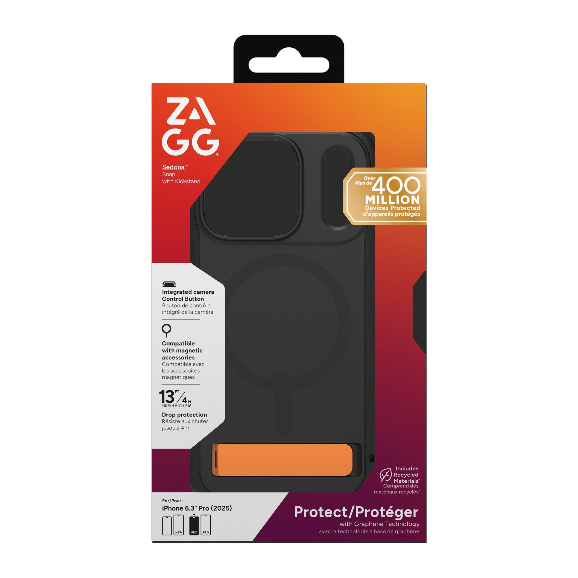iPhone 17 Pro ZAGG Graphene Sedona Snap Kickstand Case - Flood Black/Orange - 15-14714