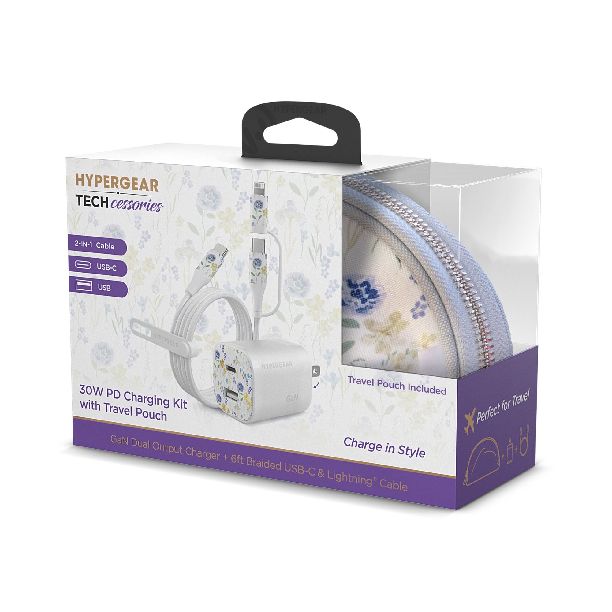 HyperGear 30W USB-C PD Charging Kit with Travel Pouch - Floral - 15-14937