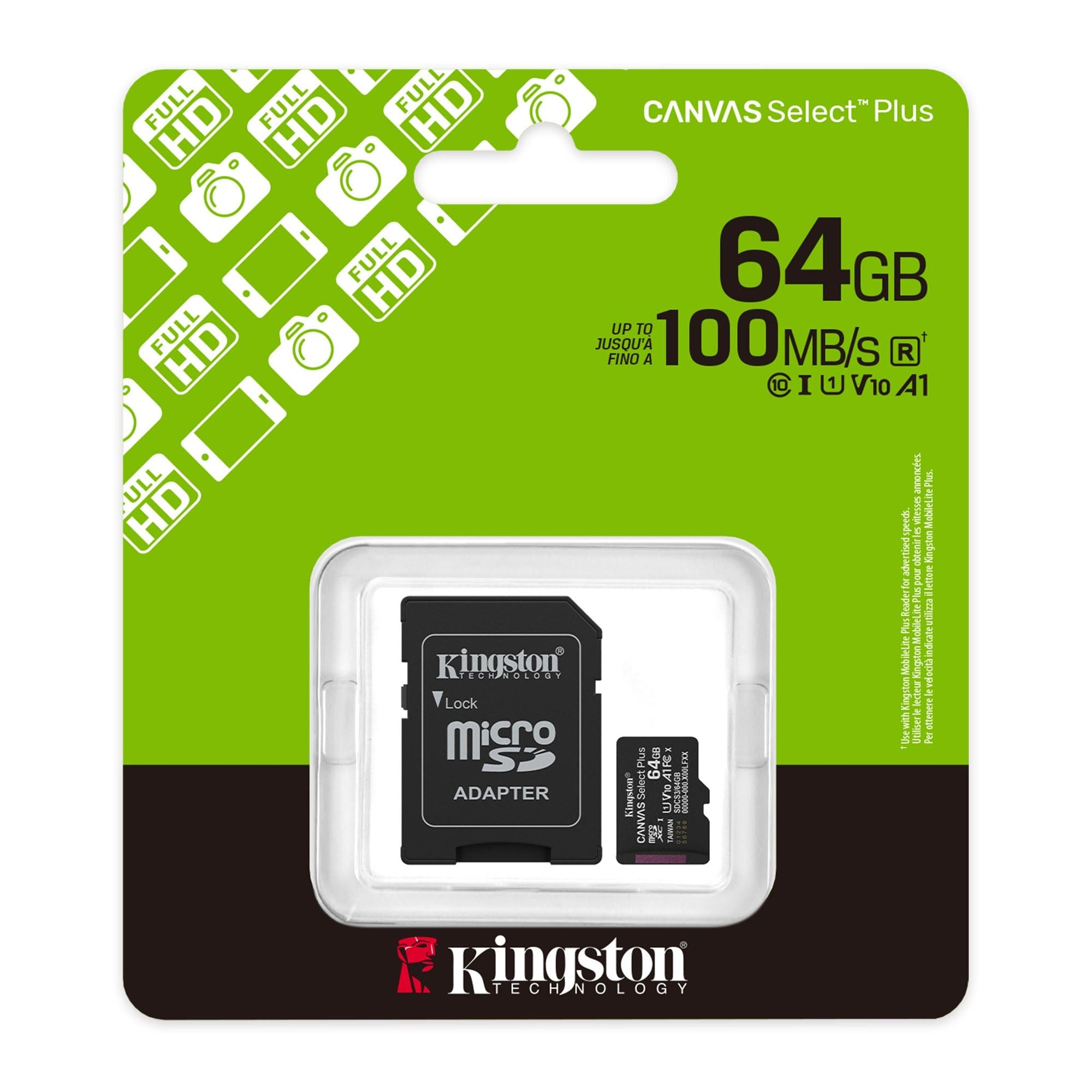 Kingston 64GB microSDXC Canvas Select Plus Gen3 100MB/s A1 Card + Adapter - 15-15113