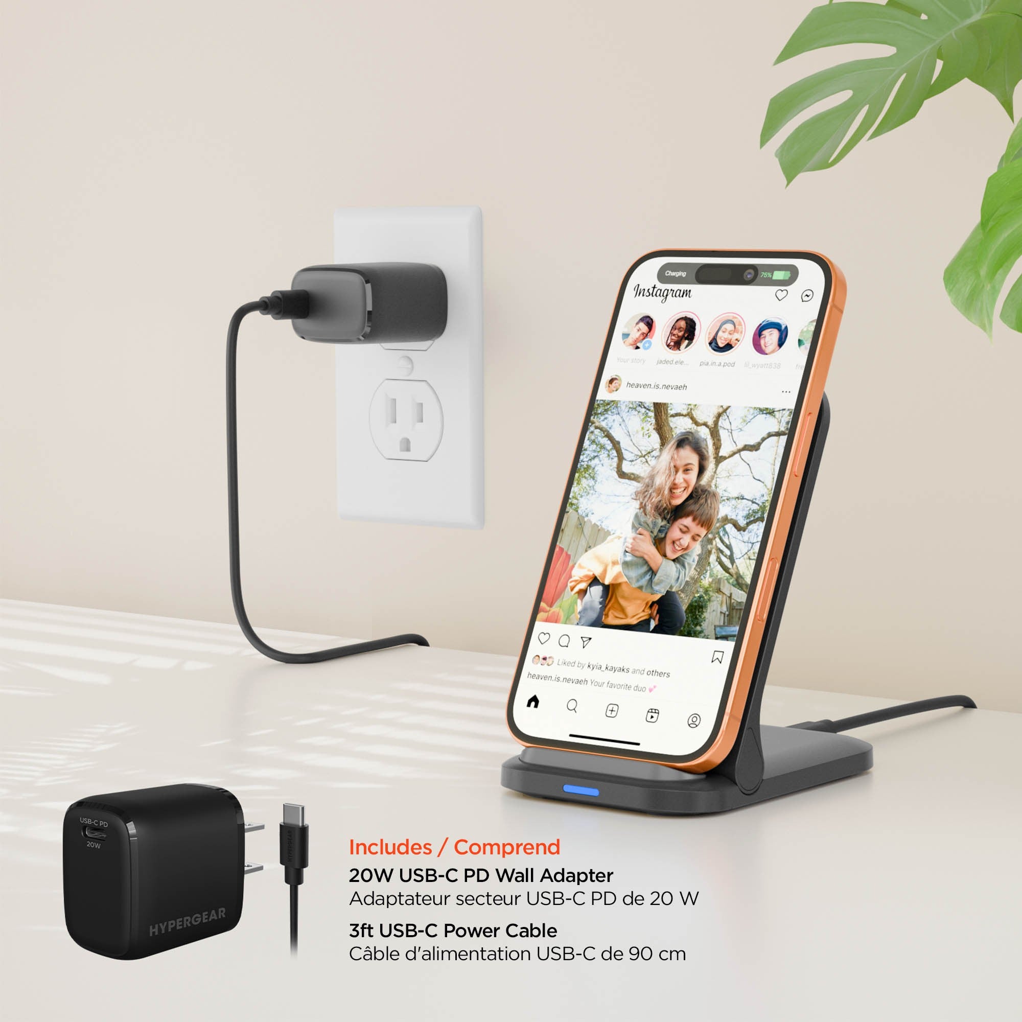 HyperGear 15W Fast Charge Foldable Wireless Charger Desktop Stand w/ Wall Charger - 15-15442