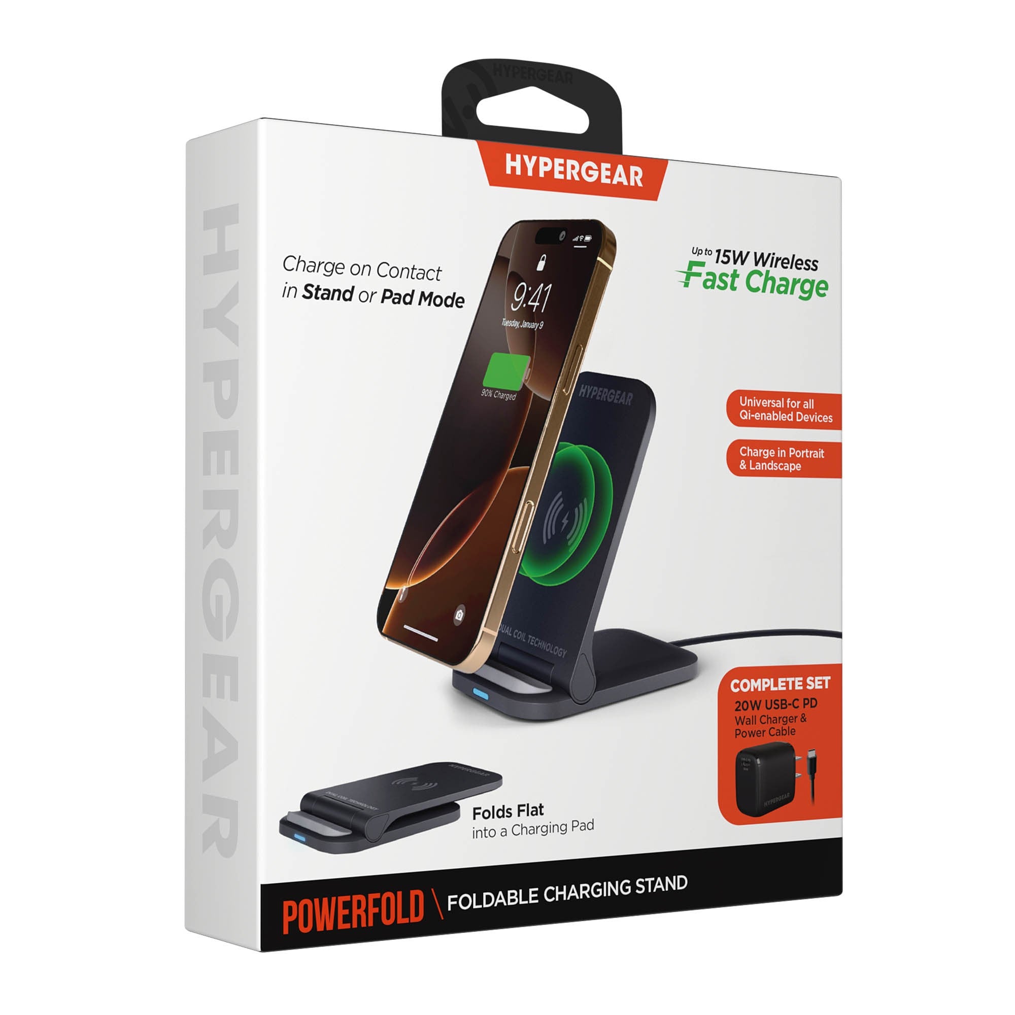 HyperGear 15W Fast Charge Foldable Wireless Charger Desktop Stand w/ Wall Charger - 15-15442