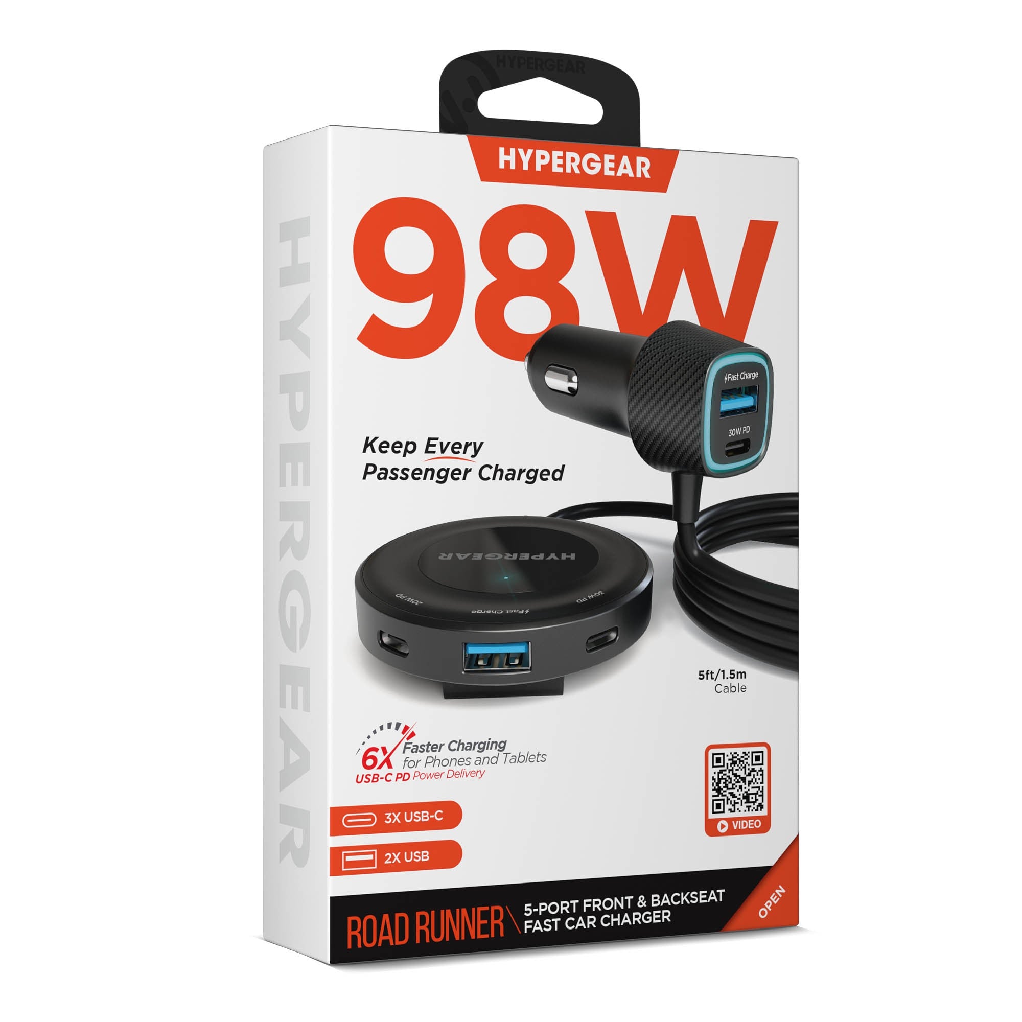 HyperGear 98W Road Runner PD PPS 5-Port Front + Backseat Fast Car Charger - 15-15444
