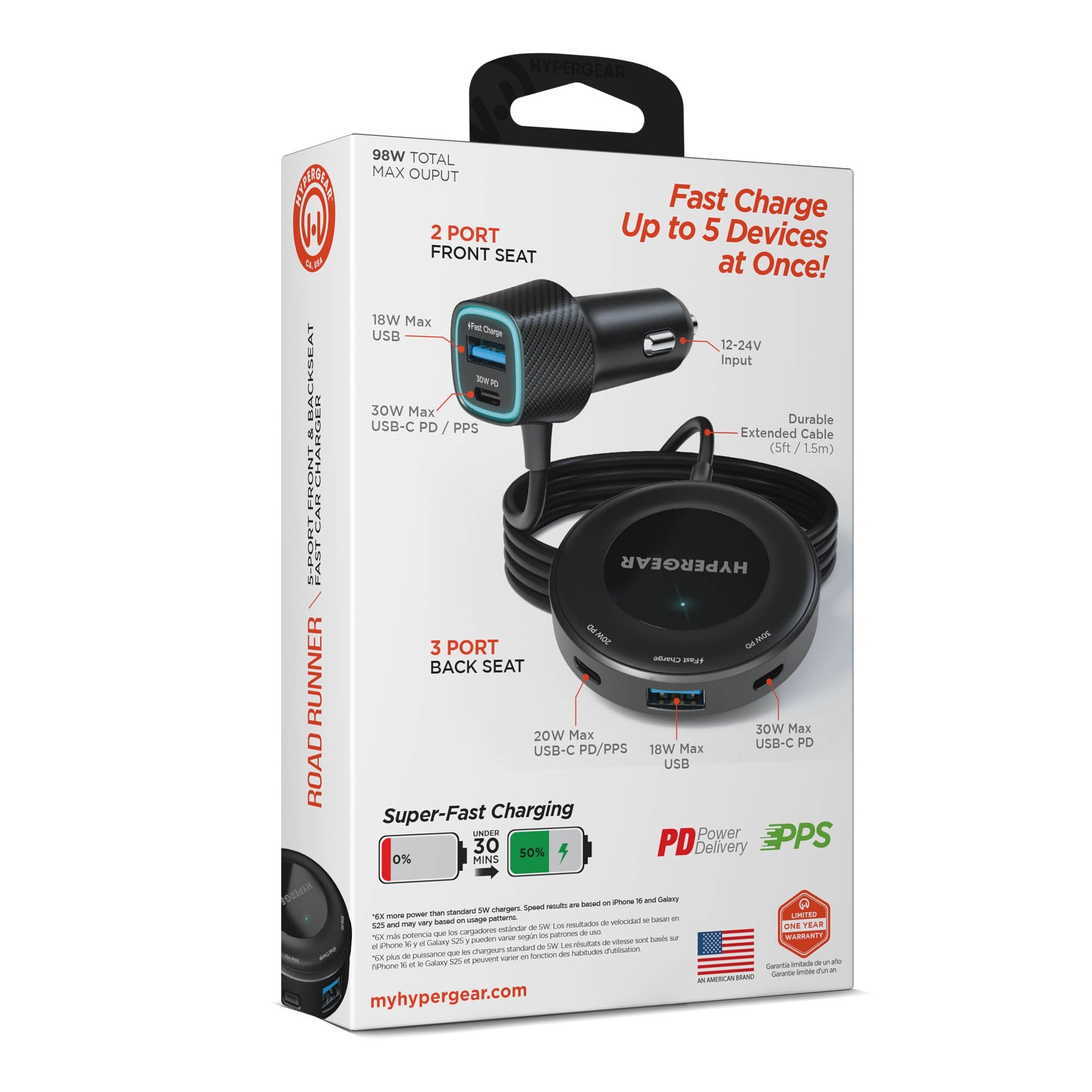 HyperGear 98W Road Runner PD PPS 5-Port Front + Backseat Fast Car Charger - 15-15444