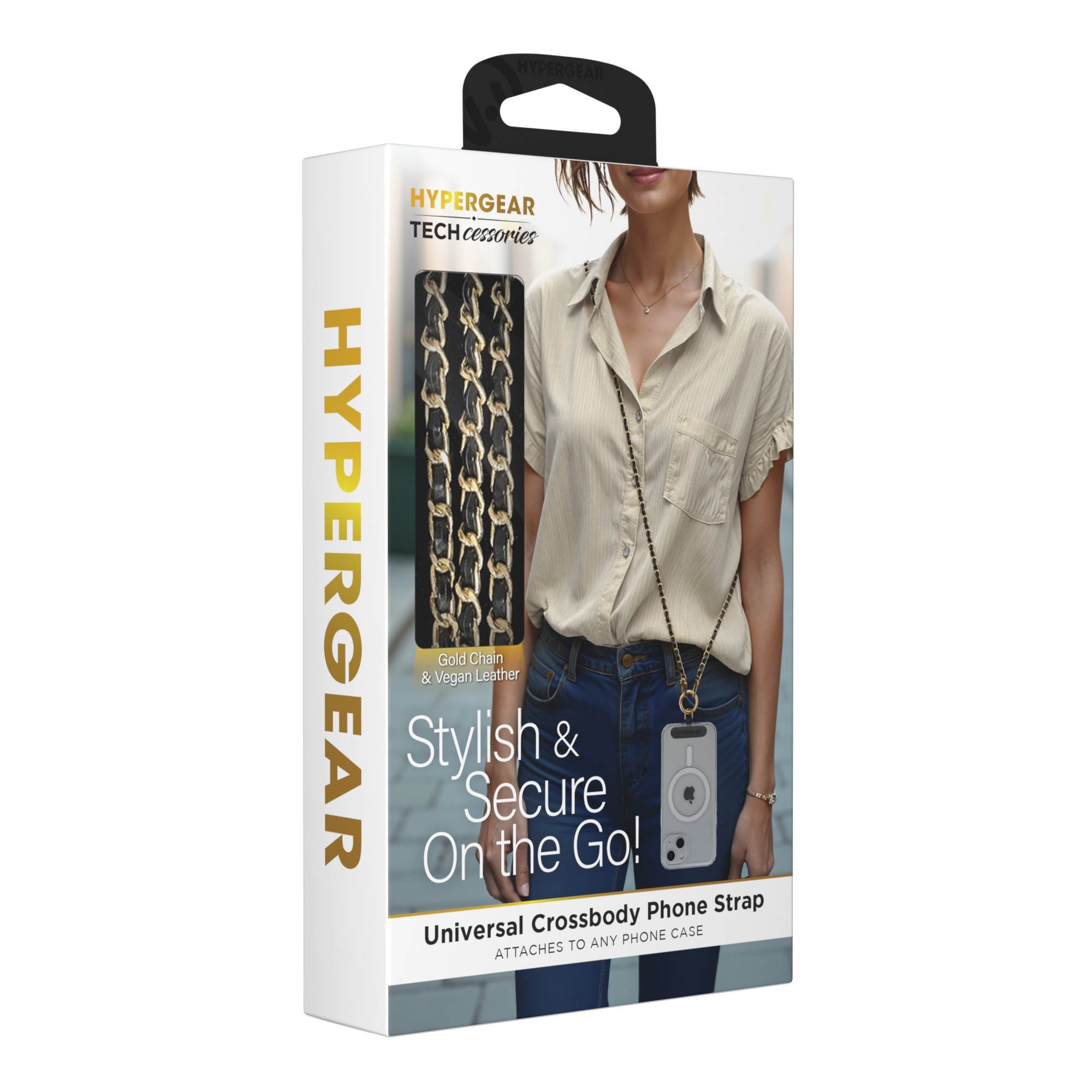 HyperGear TECHcessories Universal Crossbody Phone Strap - Gold Chain Black Vegan Leather - 15-15445
