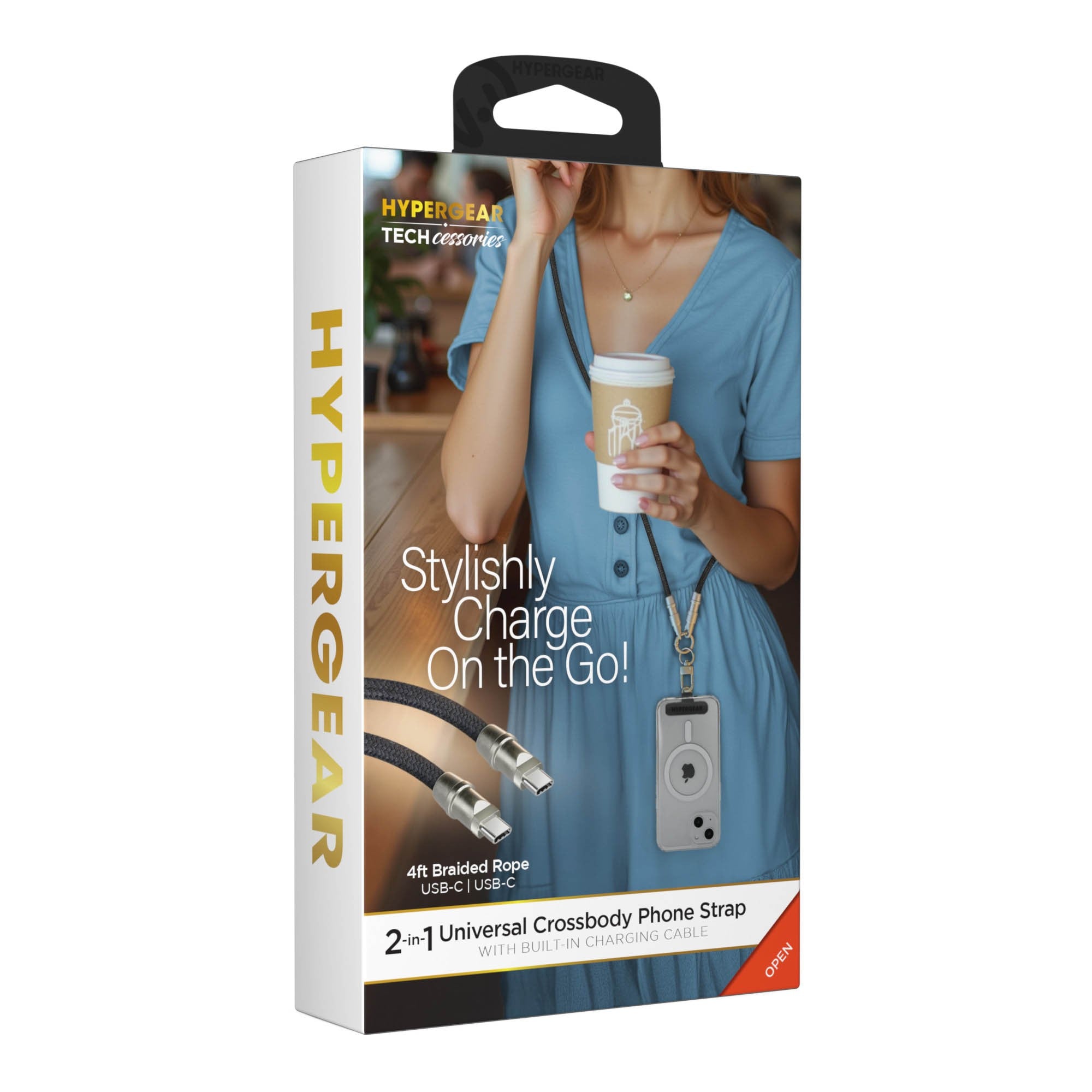 HyperGear TECHcessories Universal Crossbody Phone Strap and USB-C Charging Cable - Black - 15-15454