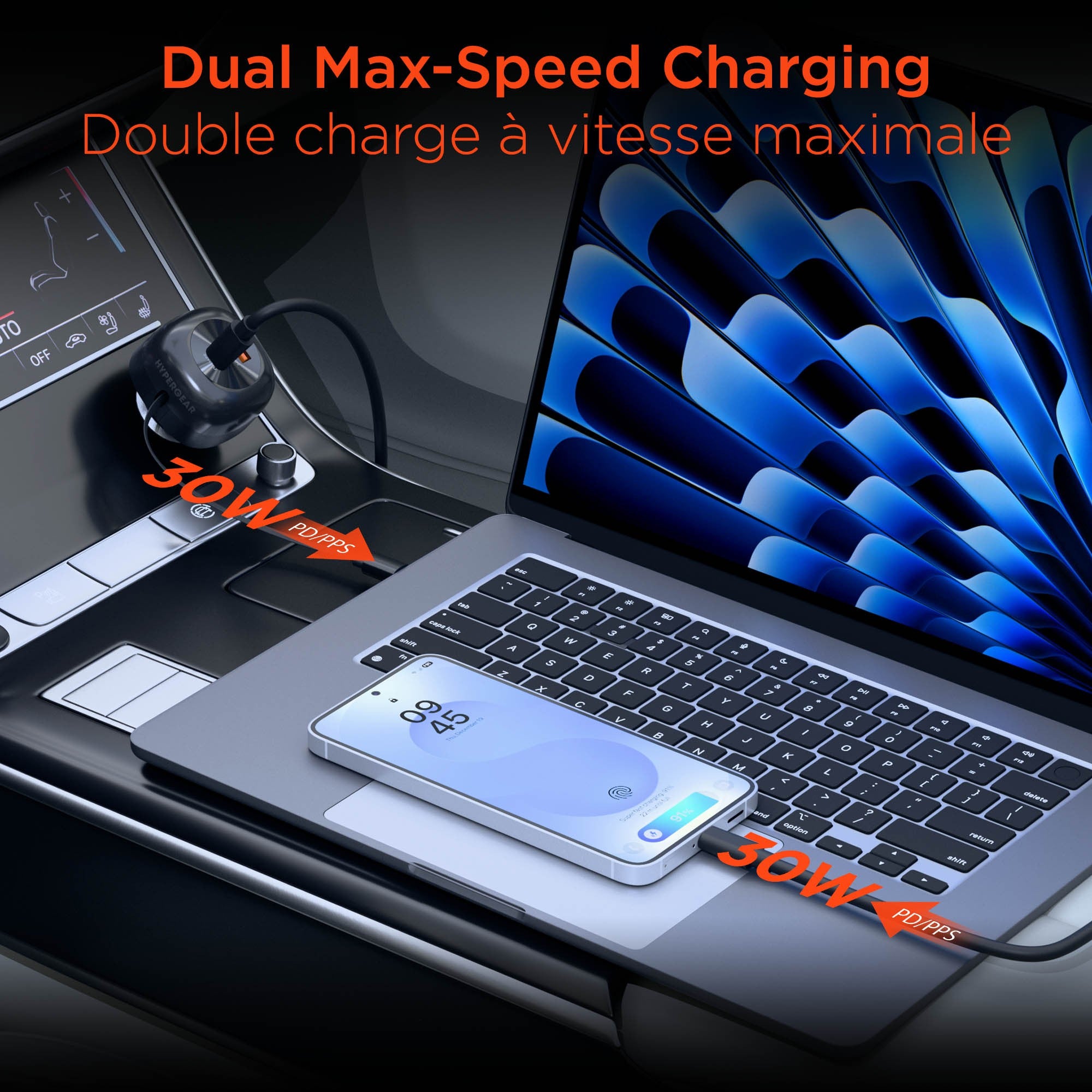 HyperGear SpeedBoost 30W 3-in-1 Fast Car Charger CLA with Retractable USB-C PD Cable - 15-15455