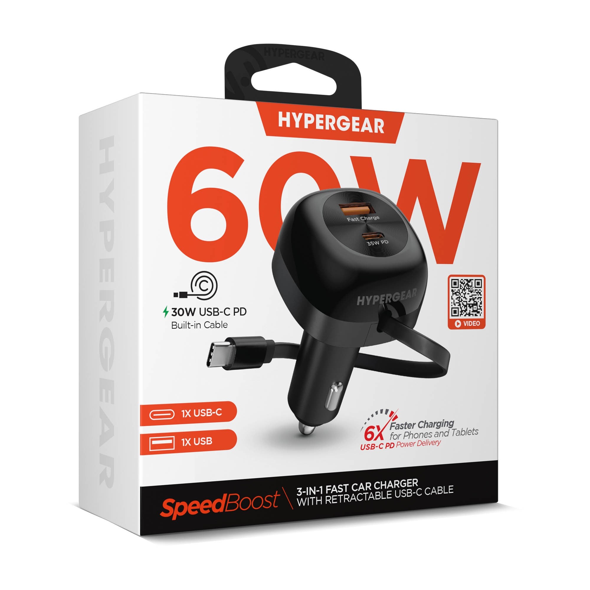 HyperGear SpeedBoost 30W 3-in-1 Fast Car Charger CLA with Retractable USB-C PD Cable - 15-15455