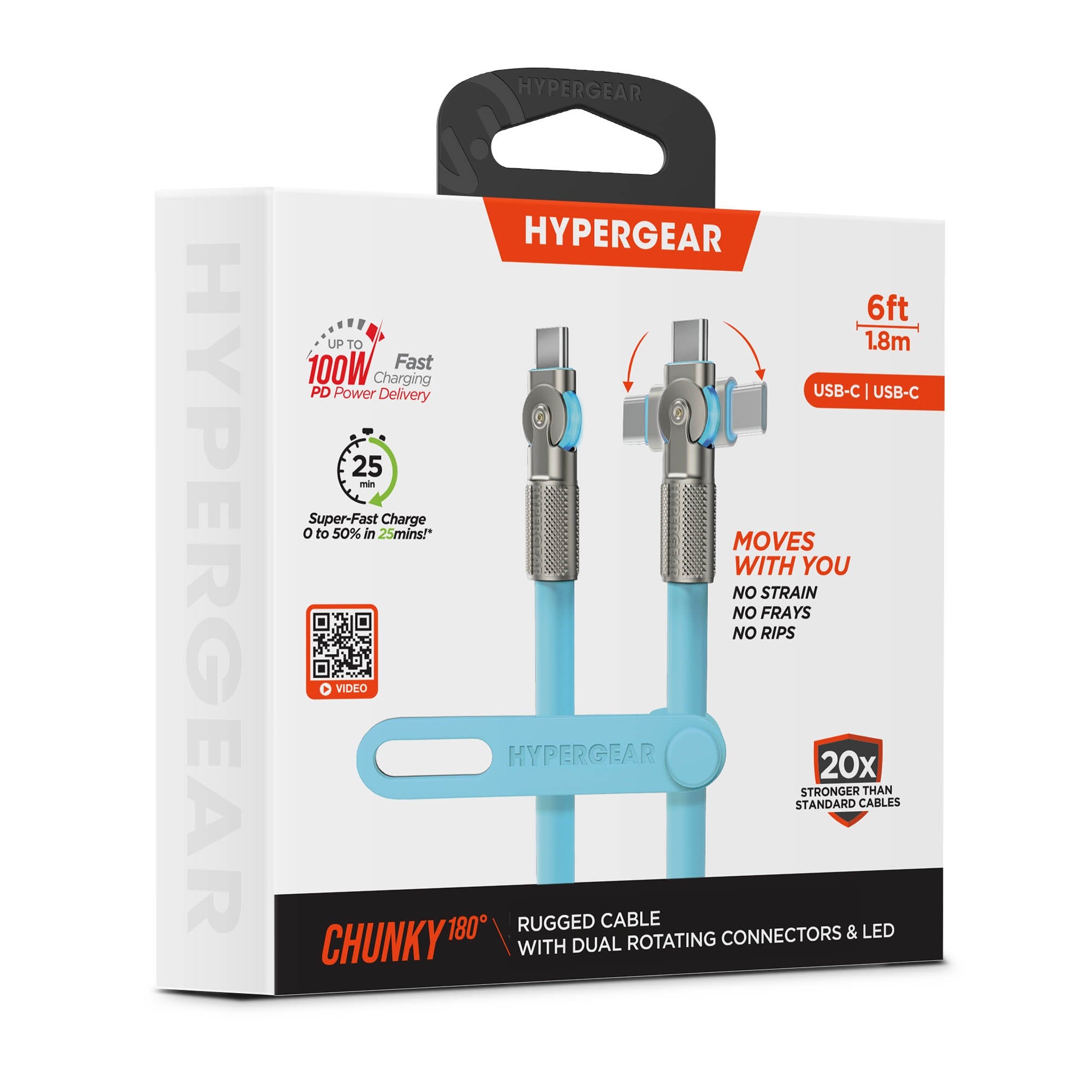 HyperGear 6 ft. 180cm USB-C to USB-C Chunky 180 Rugged Cable w/Rotating Connectors - Blue - 15-15460