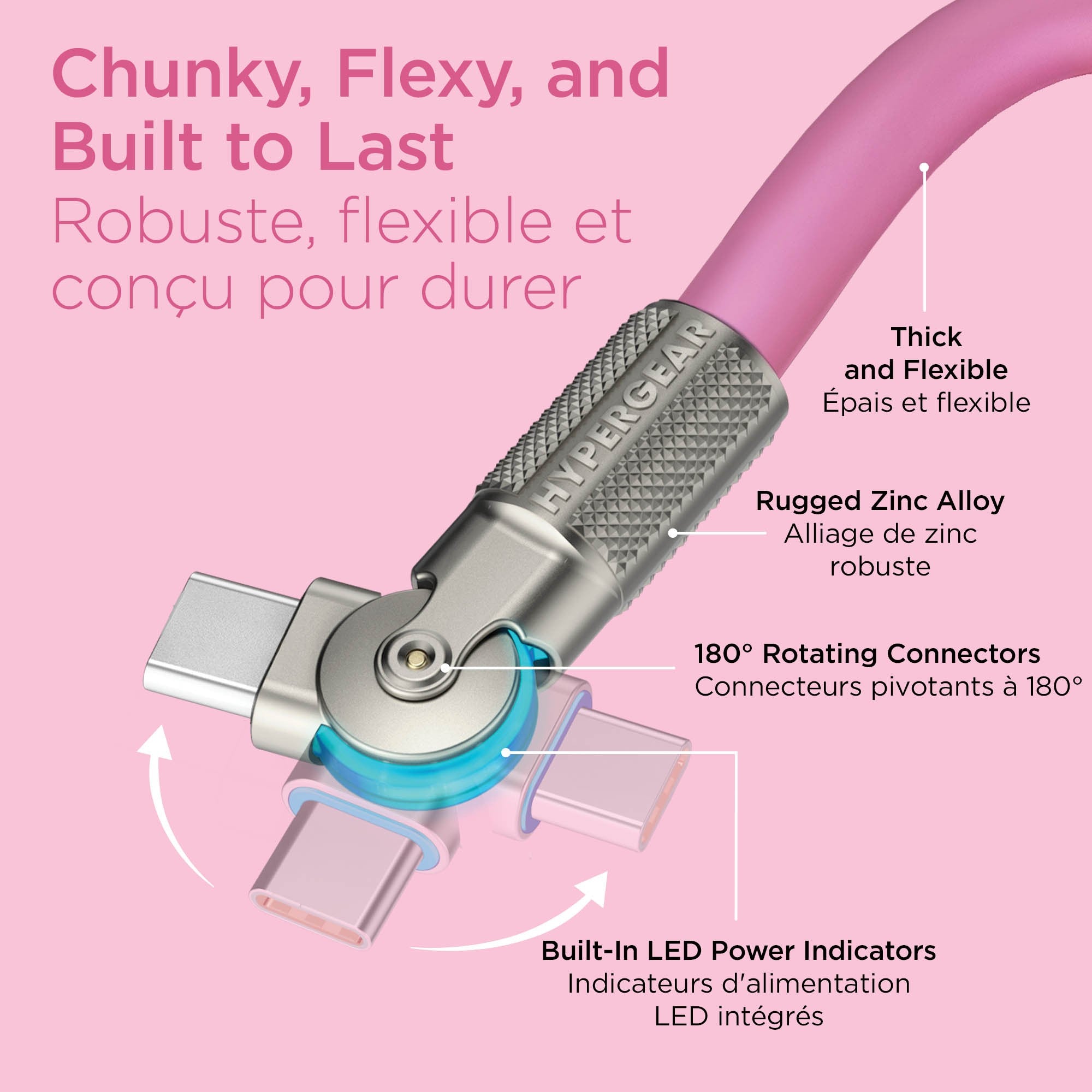 HyperGear 12 ft. 360cm USB-C to USB-C Chunky 180 Rugged Cable w/Rotating Connectors - Pink - 15-15461