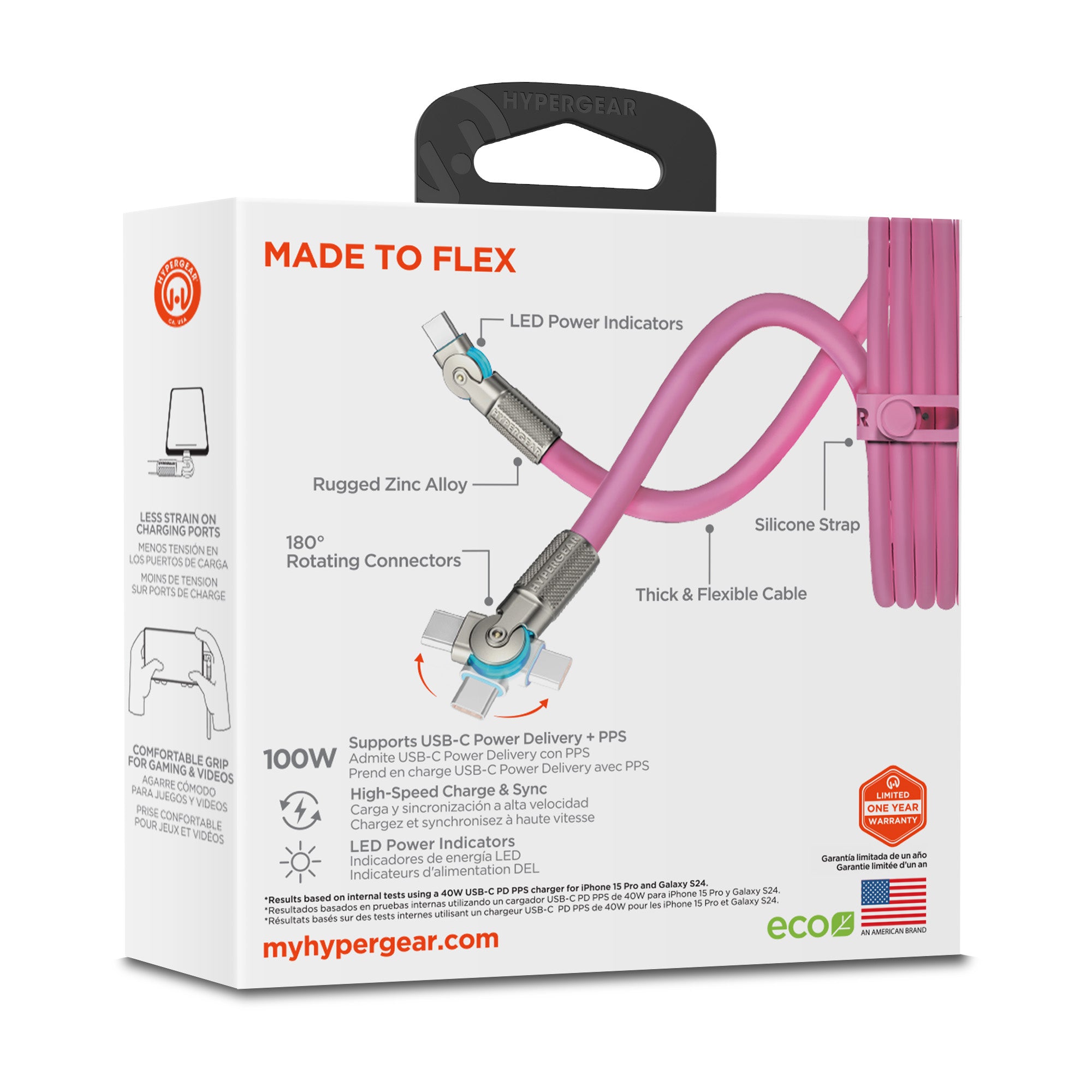 HyperGear 12 ft. 360cm USB-C to USB-C Chunky 180 Rugged Cable w/Rotating Connectors - Pink - 15-15461
