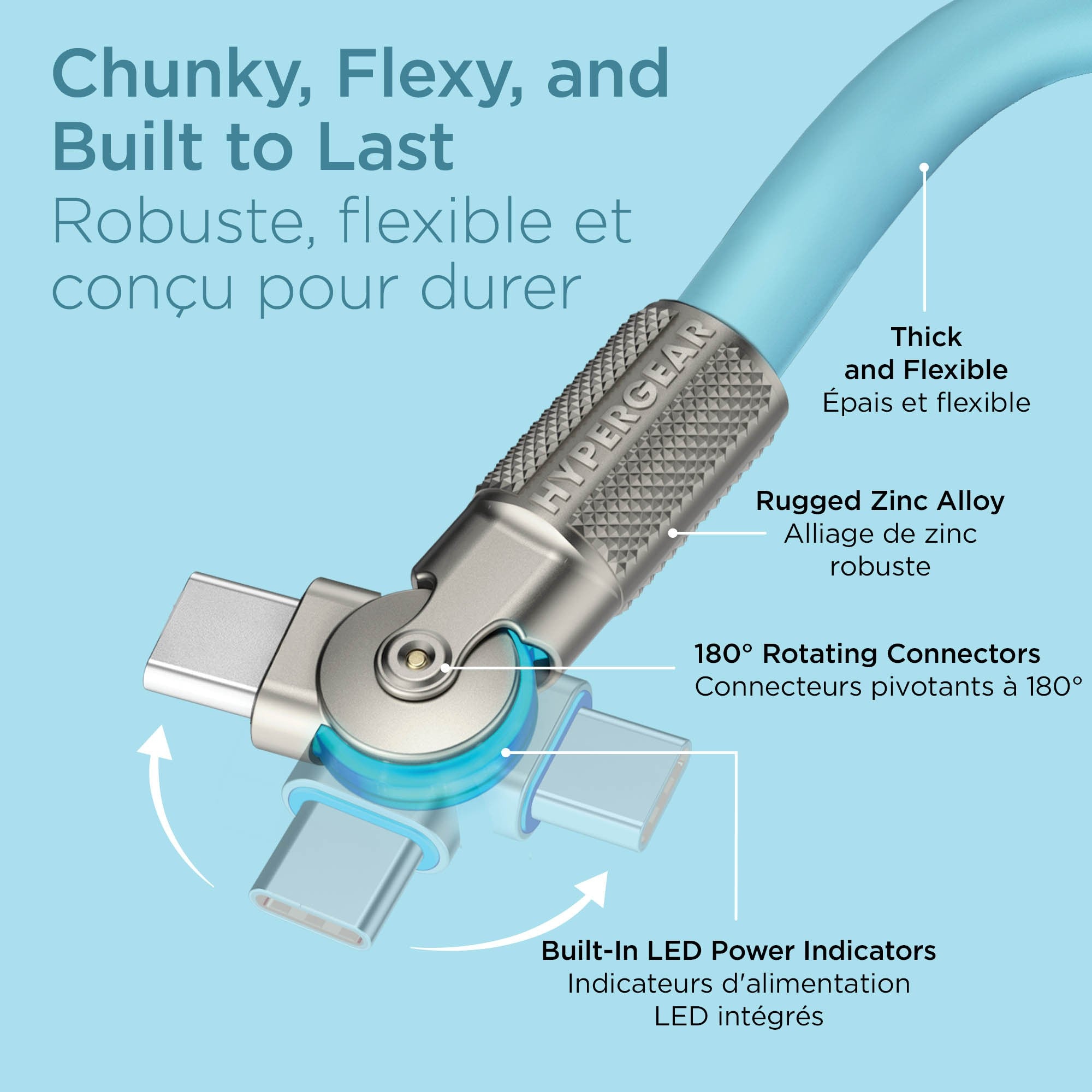 HyperGear 12 ft. 360cm USB-C to USB-C Chunky 180 Rugged Cable w/Rotating Connectors - Blue - 15-15462