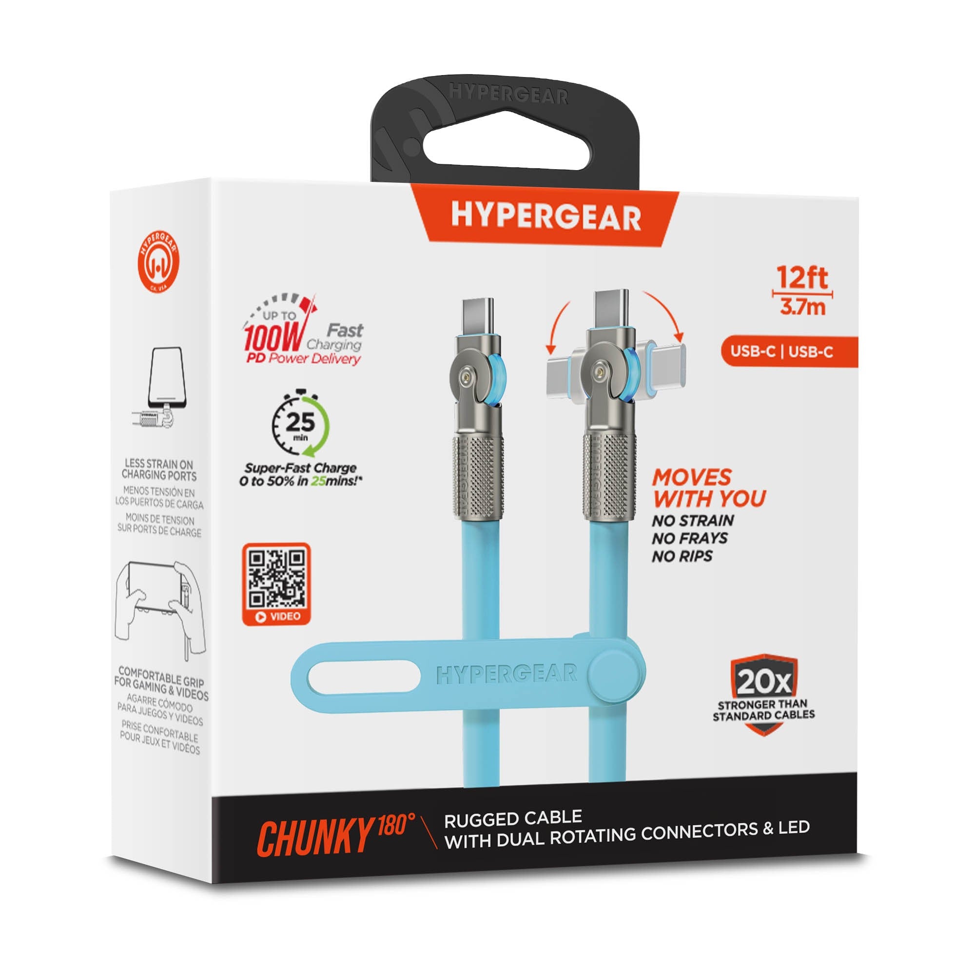 HyperGear 12 ft. 360cm USB-C to USB-C Chunky 180 Rugged Cable w/Rotating Connectors - Blue - 15-15462