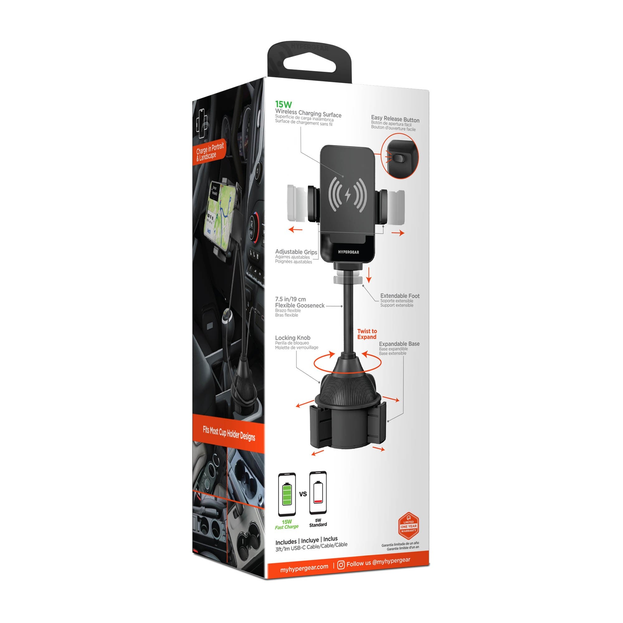 HyperGear EZ Grip 15W Wireless Fast Charging Cup Holder Phone Mount - Black - 15-15759