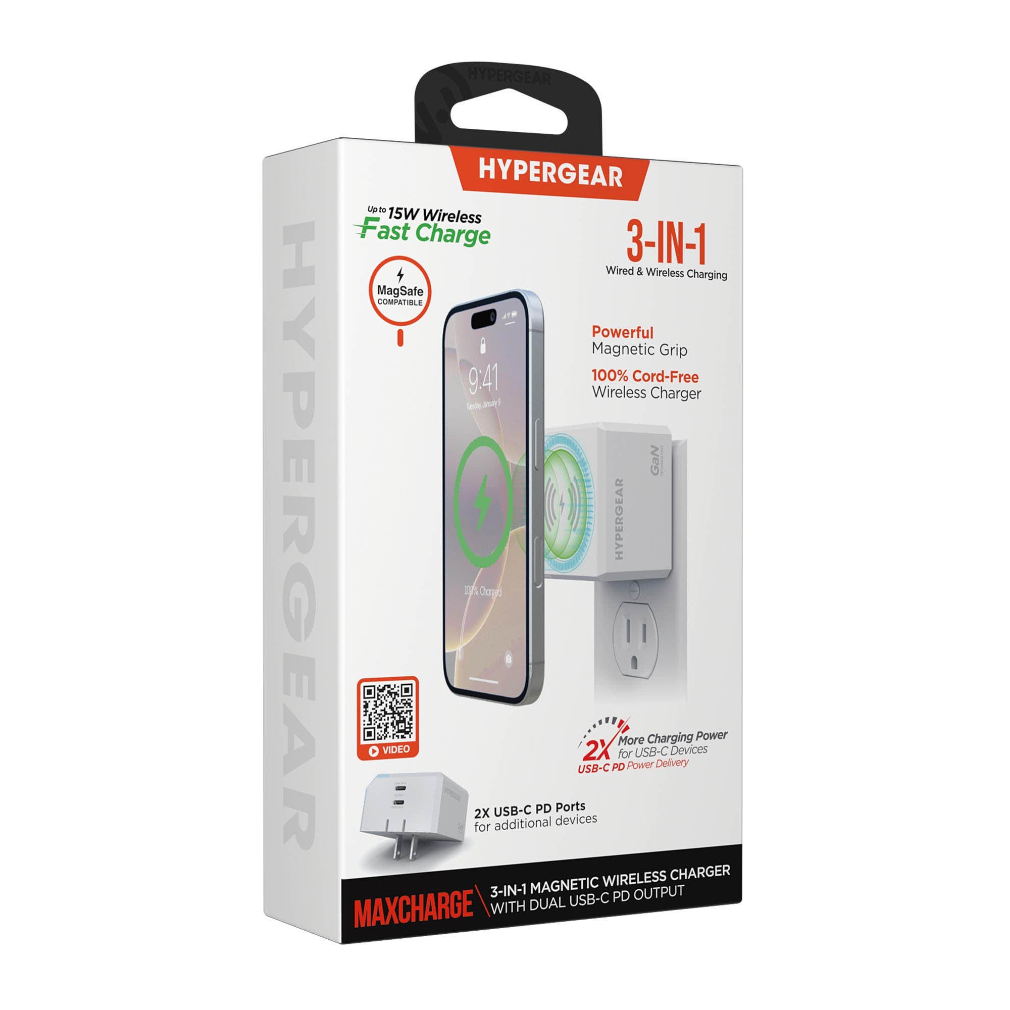 HyperGear MaxCharge 40W 3in1 Magnetic Wireless Fast Charger w/Dual USB-C Wall Charger - White - 15-15982