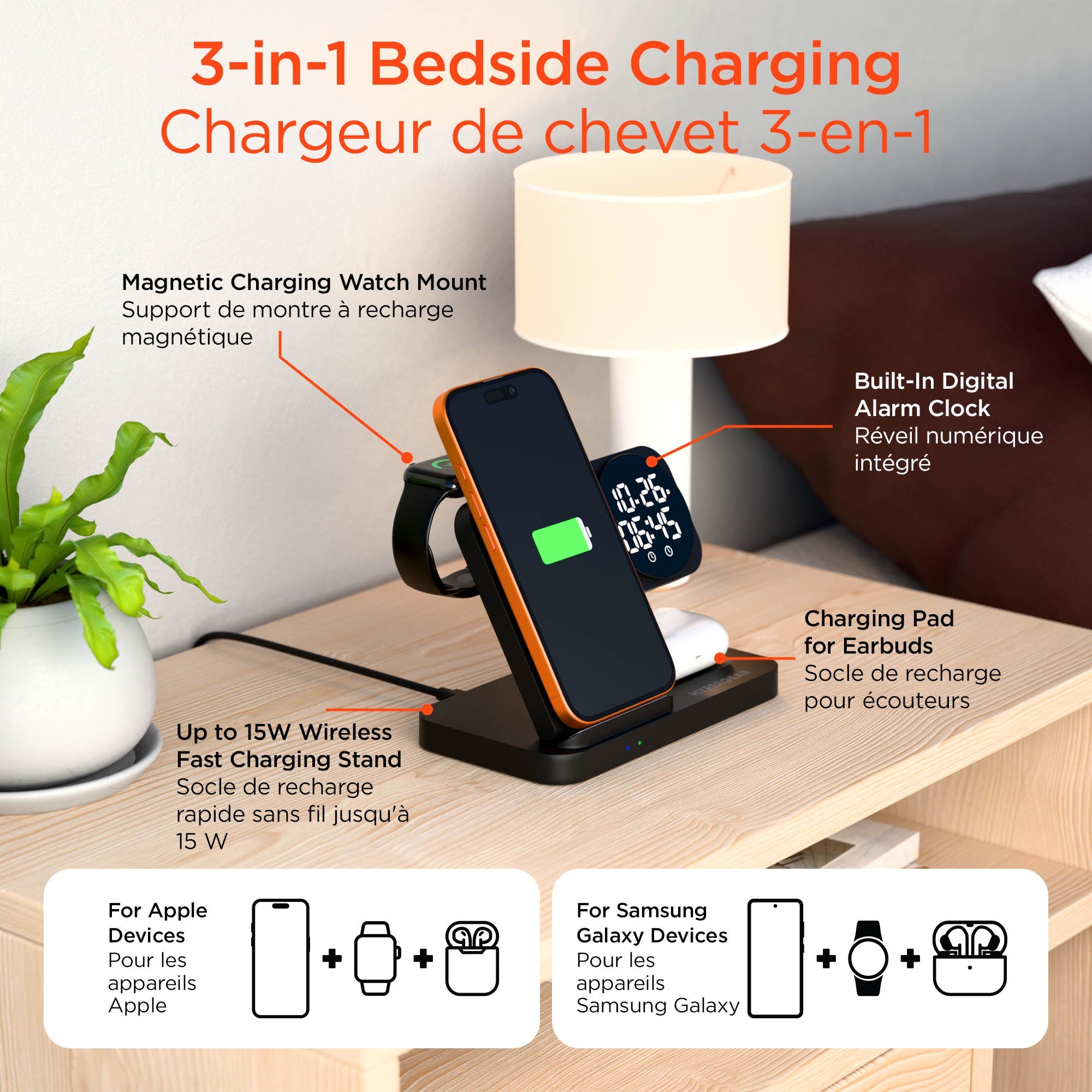 Hypergear 15W Powerfold 24/7 3in1 Foldable Wireless Charging Stand w/Digital Alarm Clock - Black - 15-16269