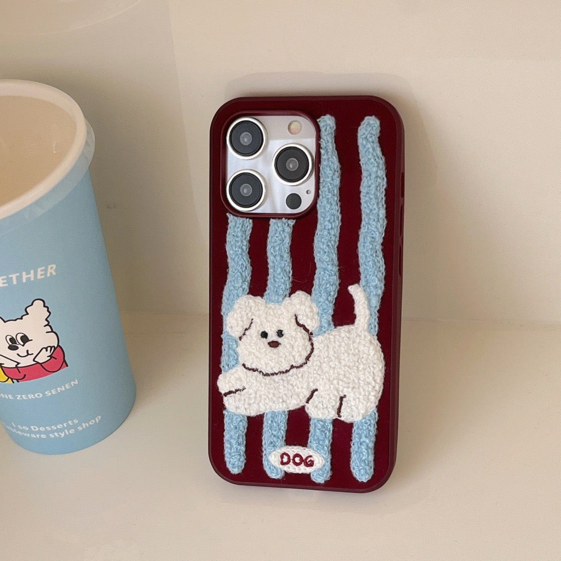 iPhone 3D Puppy Red Stripe Embroidery Case