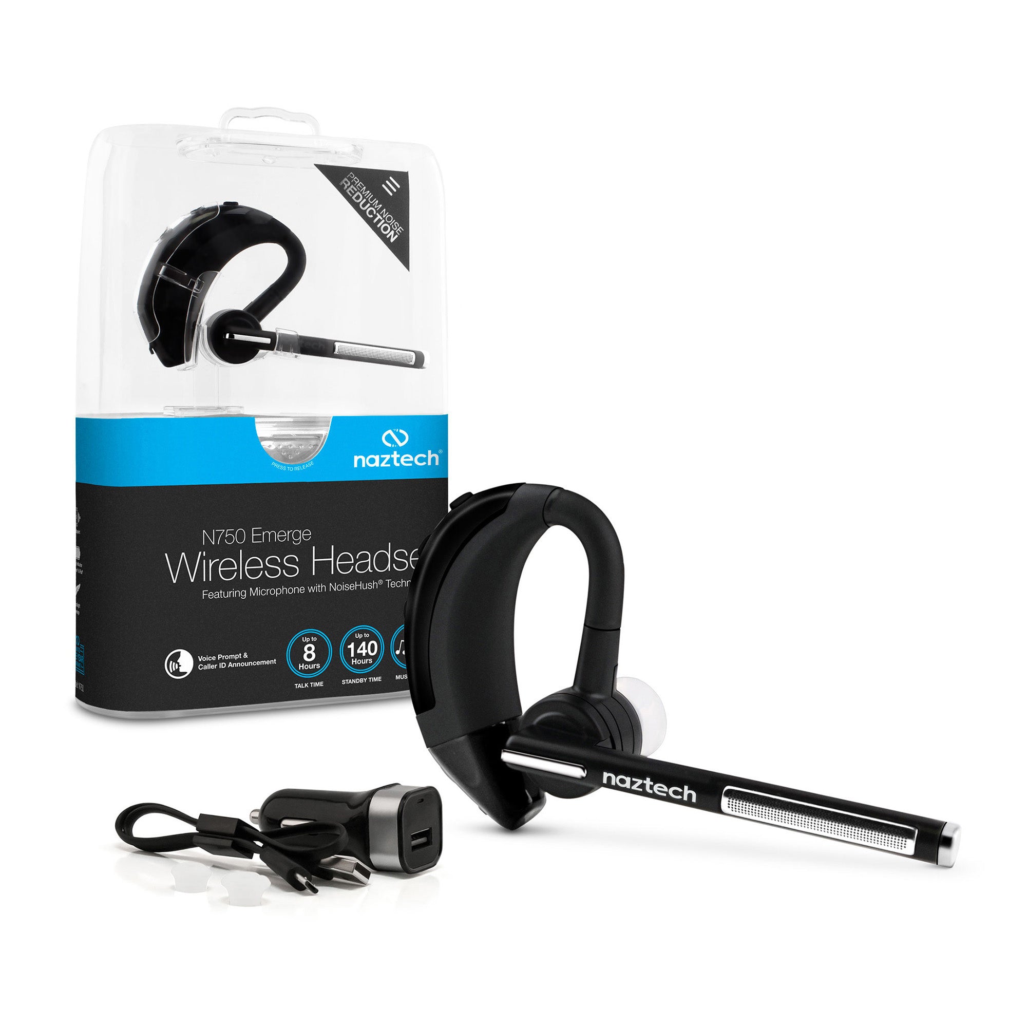 Naztech Black N750 Emerge BT Bluetooth Boom Headset w/ CLA - 15-07568