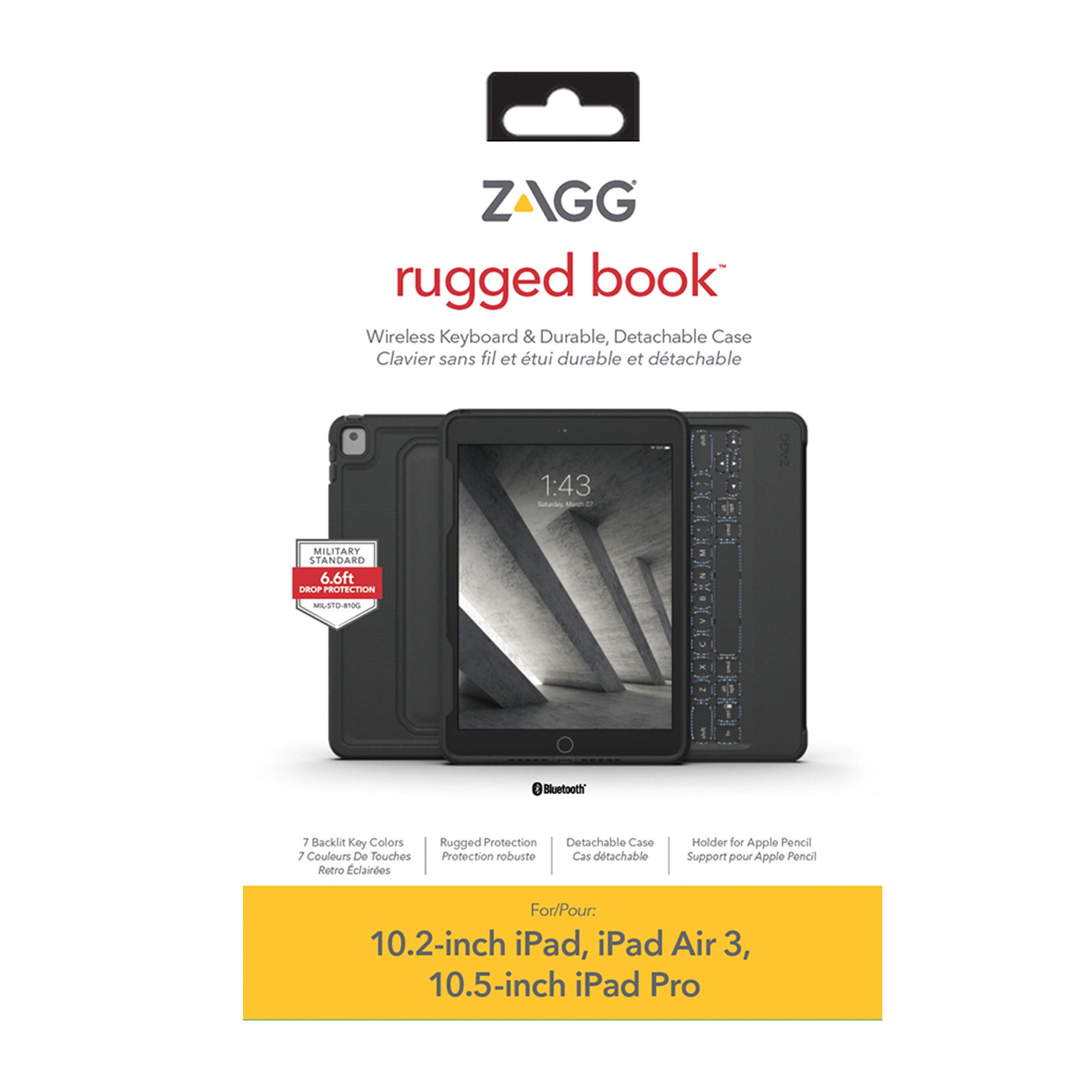 iPad 10.2 (2019-2021) (7th-9th Gen)/Air 3/Pro 10.5 ZAGG Black Rugged Book BT Keyboard Case - 15-07914