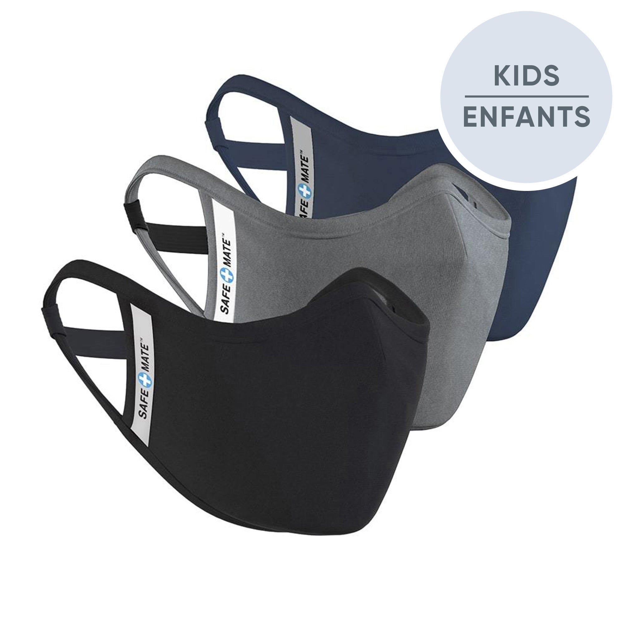Safe+Mate Black/Navy/Grey Washable Kids 7-11 Cloth Face Mask -3pk - 15-08018