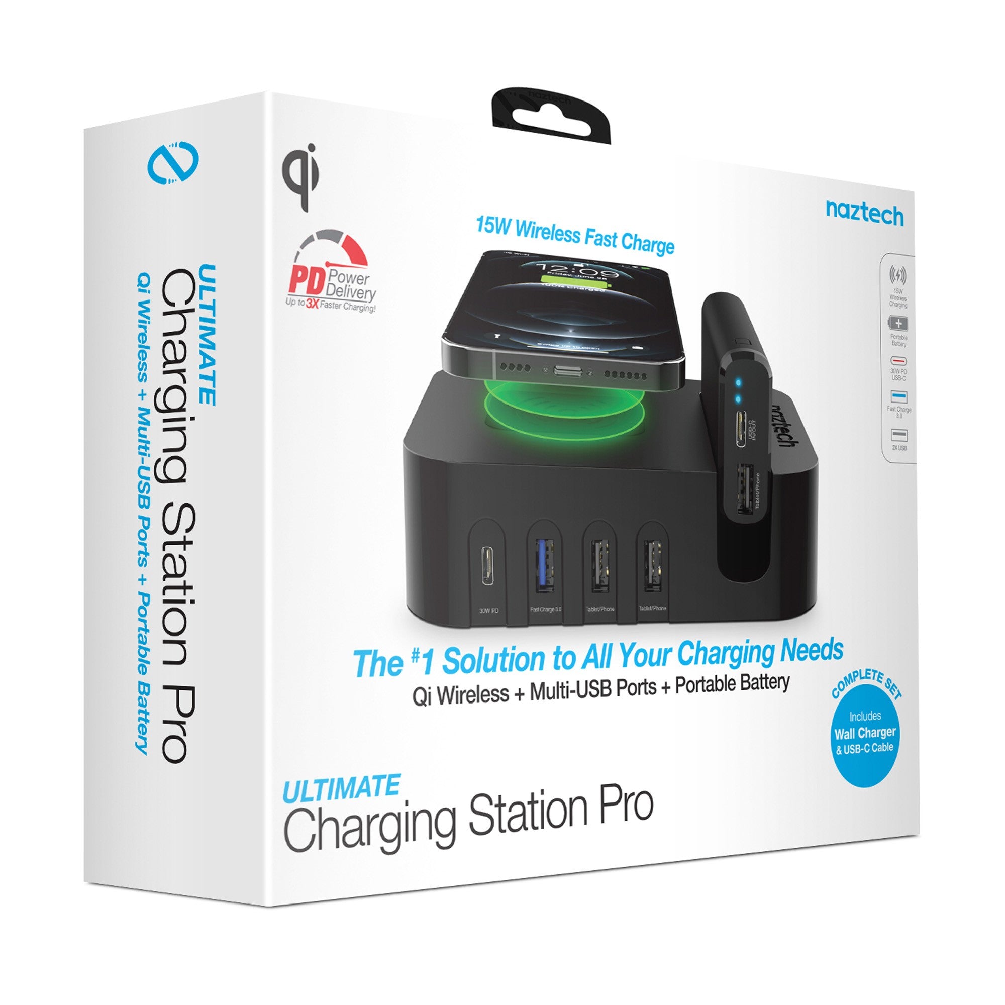 Naztech 65W Ultimate Charging Station Pro USB-C Wall Charger w/ Qi + 4000 mAh Portable Power Ban - 15-10066