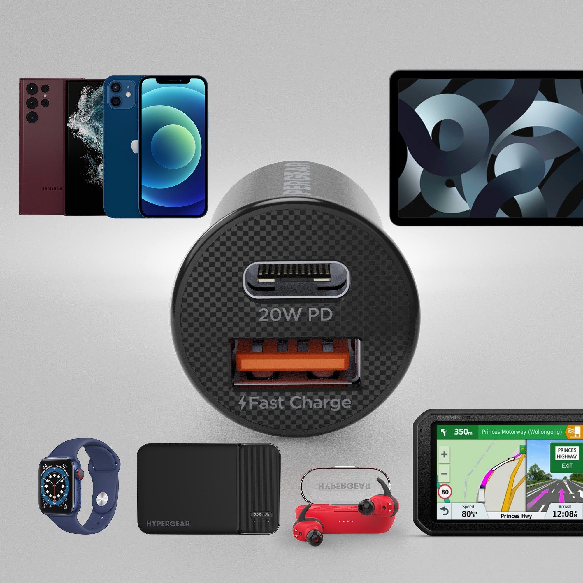 HyperGear mini 20W USB-C PD + 18W USB Fast Car Charger - Black - 15-11149