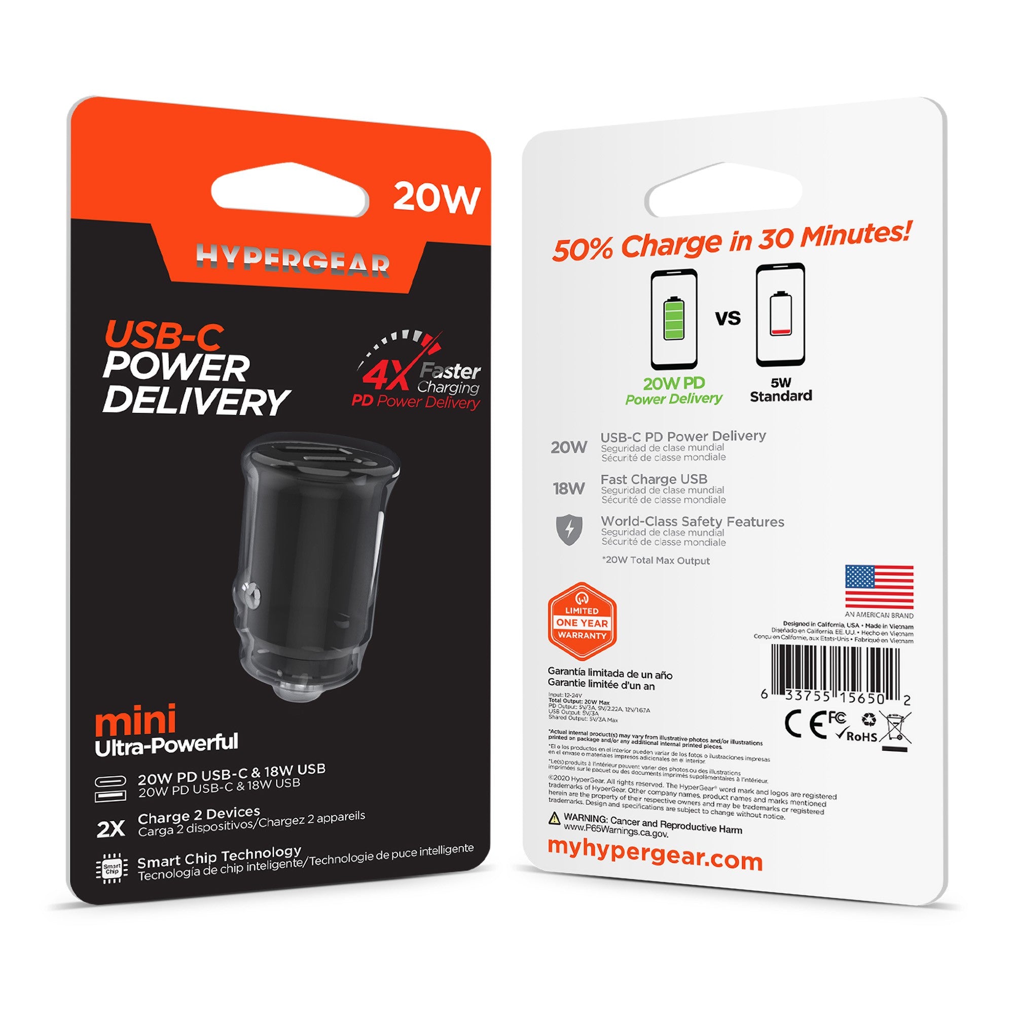 HyperGear mini 20W USB-C PD + 18W USB Fast Car Charger - Black - 15-11149