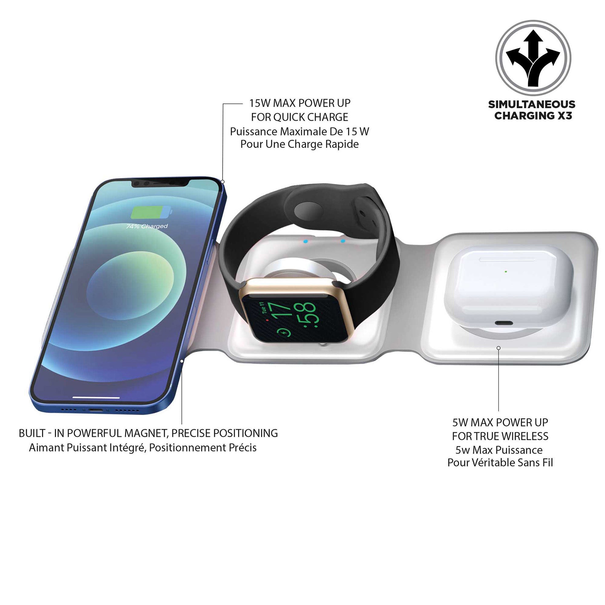 Uunique 15W Trio 3in1 Magnetic Foldable Wireless Charger - White - 15-09232